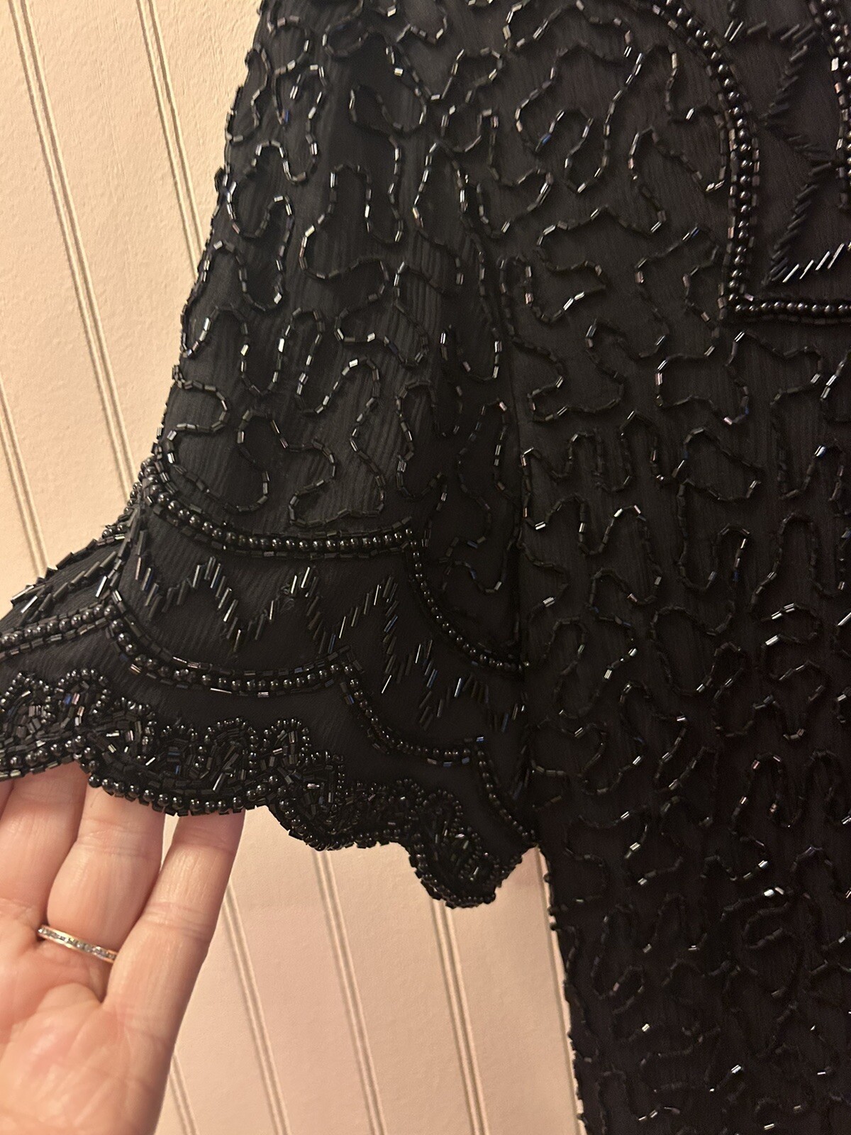 Vintage 100% Silk Top Women Small Black Sequin Bead Cote d’ Azur Evening Blouse