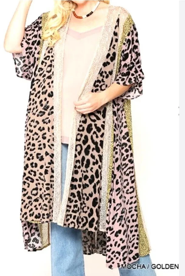 Gigio Boho Animal Print Lagenlook Kimono Cardigan Mesh Duster Plus Size 1XL 1X