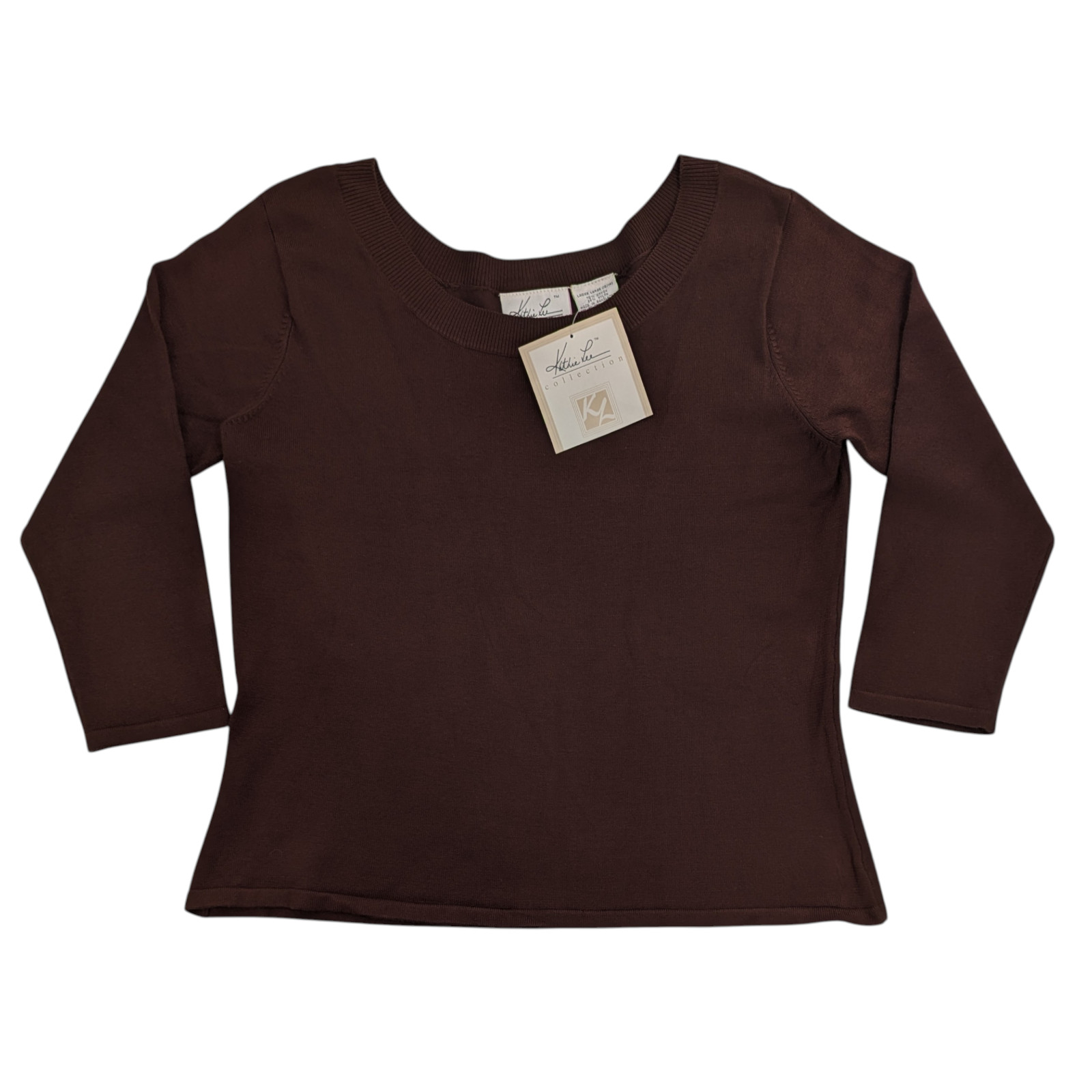 VTG Womens Brown Scoop Neck Knit Top Large 3/4 Sleeve 90s Preppy Minimalist NWT