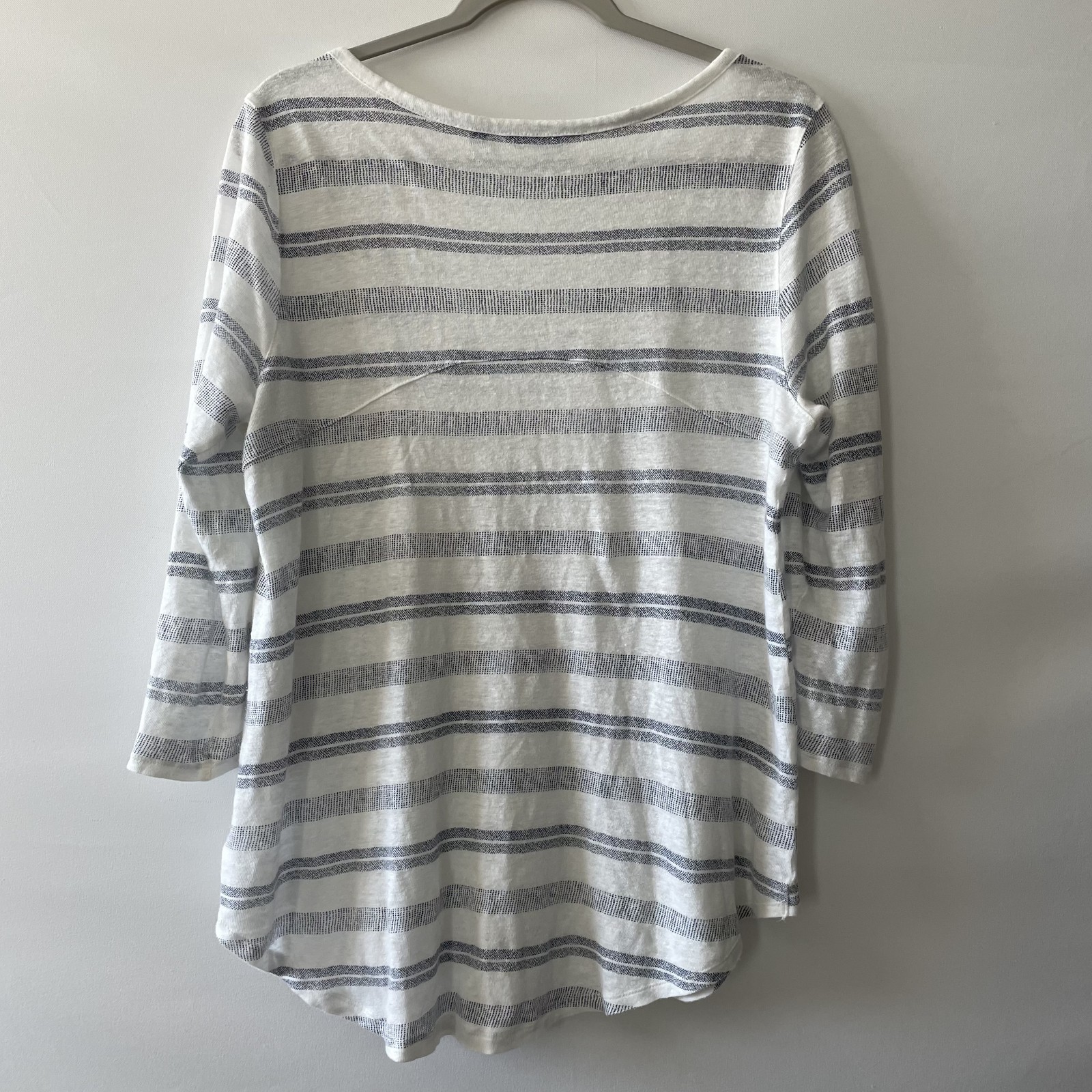 Athleta Tunic Top Striped White Blue Gray 100% Linen Women Size L -C