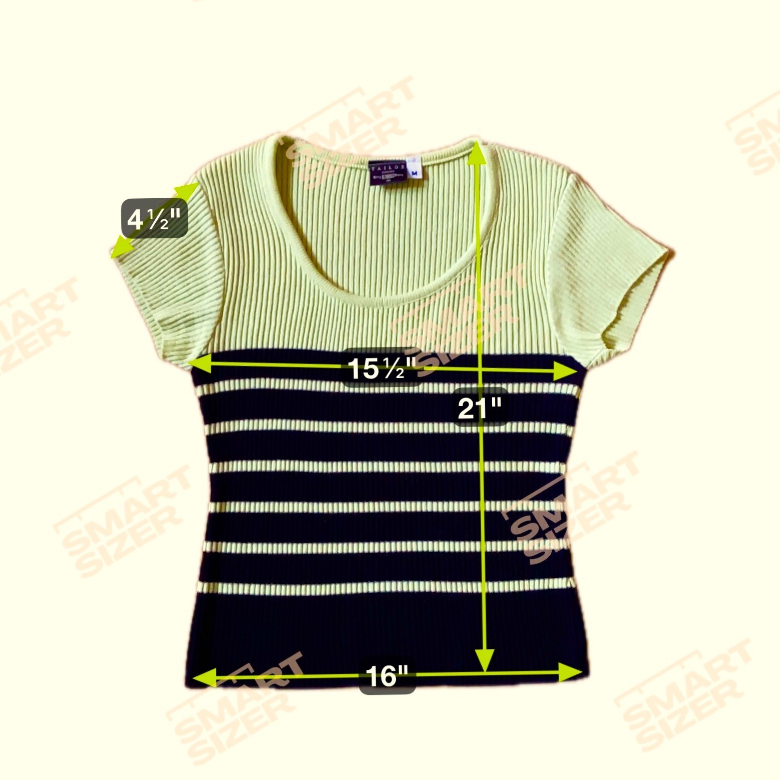 Ribbed Knit Tee, Lime Green, Black Stripes – Size M – Tailor by B.Moss