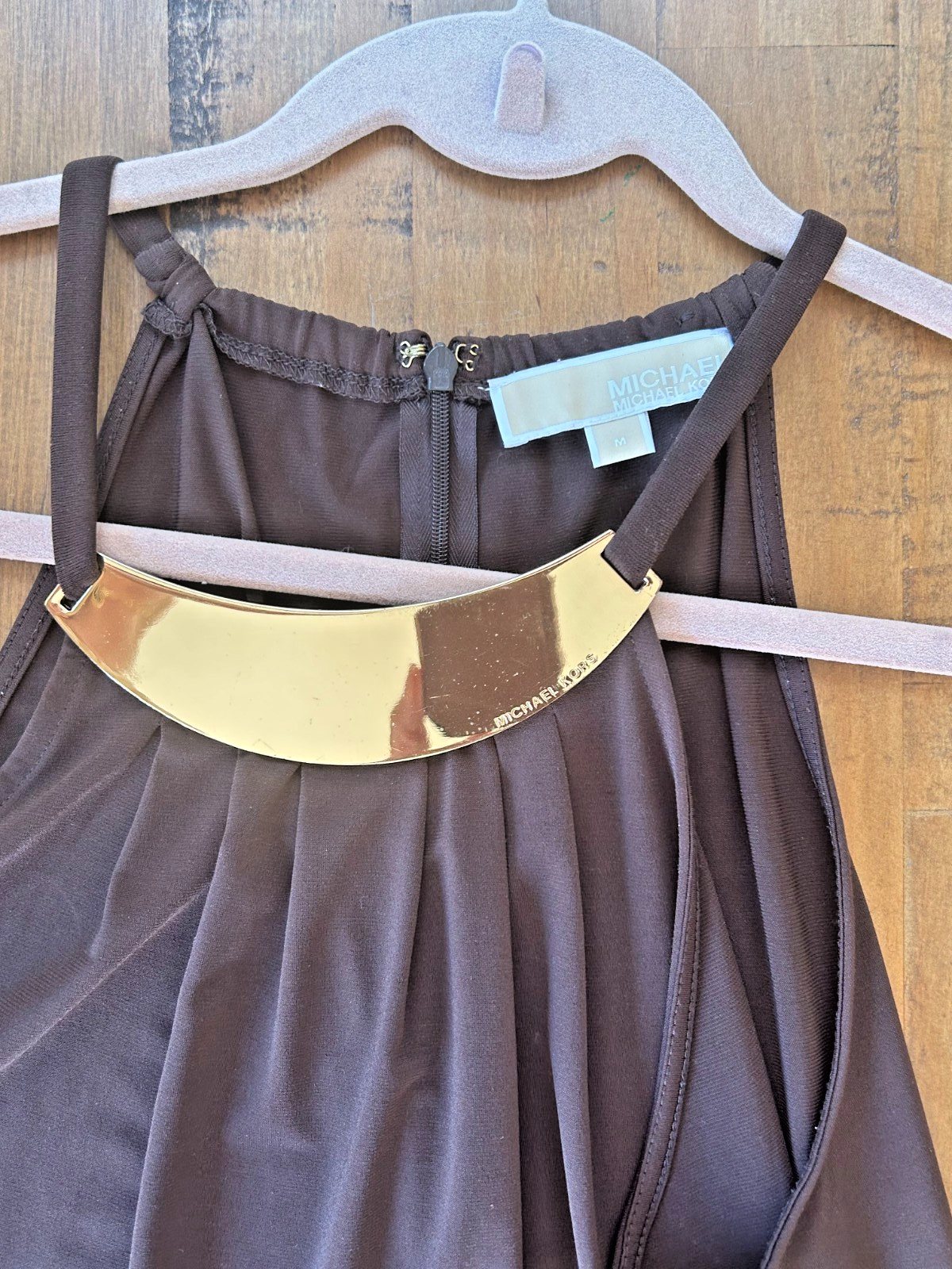 MICHAEL Michael Kors Gold Bar Halter Top Sleeveless Pleated Blouse Black Size M