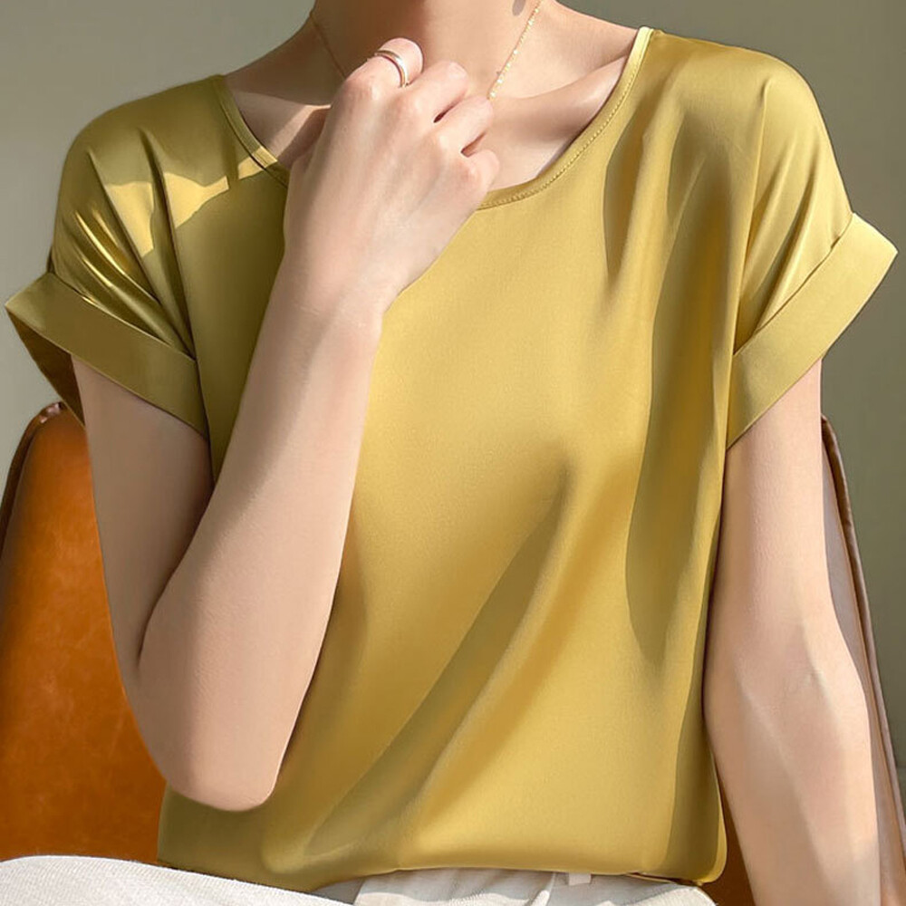 Women’s Silk Satin Blouse Tops Short Sleeve Round Neck Casual T-Shirts Plus Size