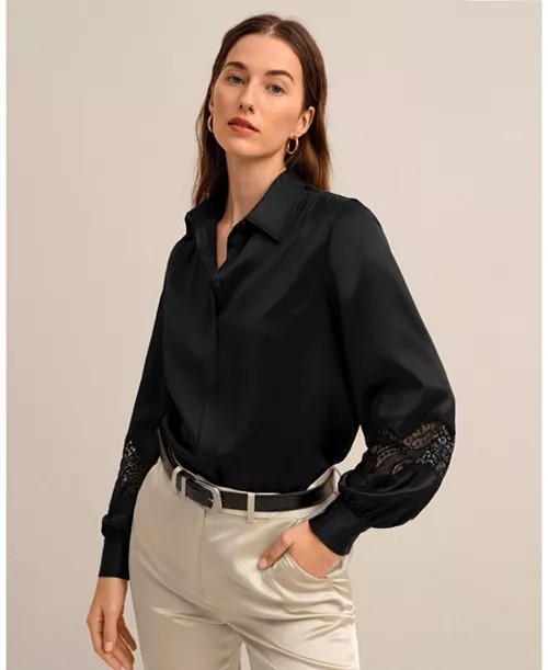 LilySilk Armeria Mulberry Silk Shirt Blouse Sz L Black Lace Luxury Elegant