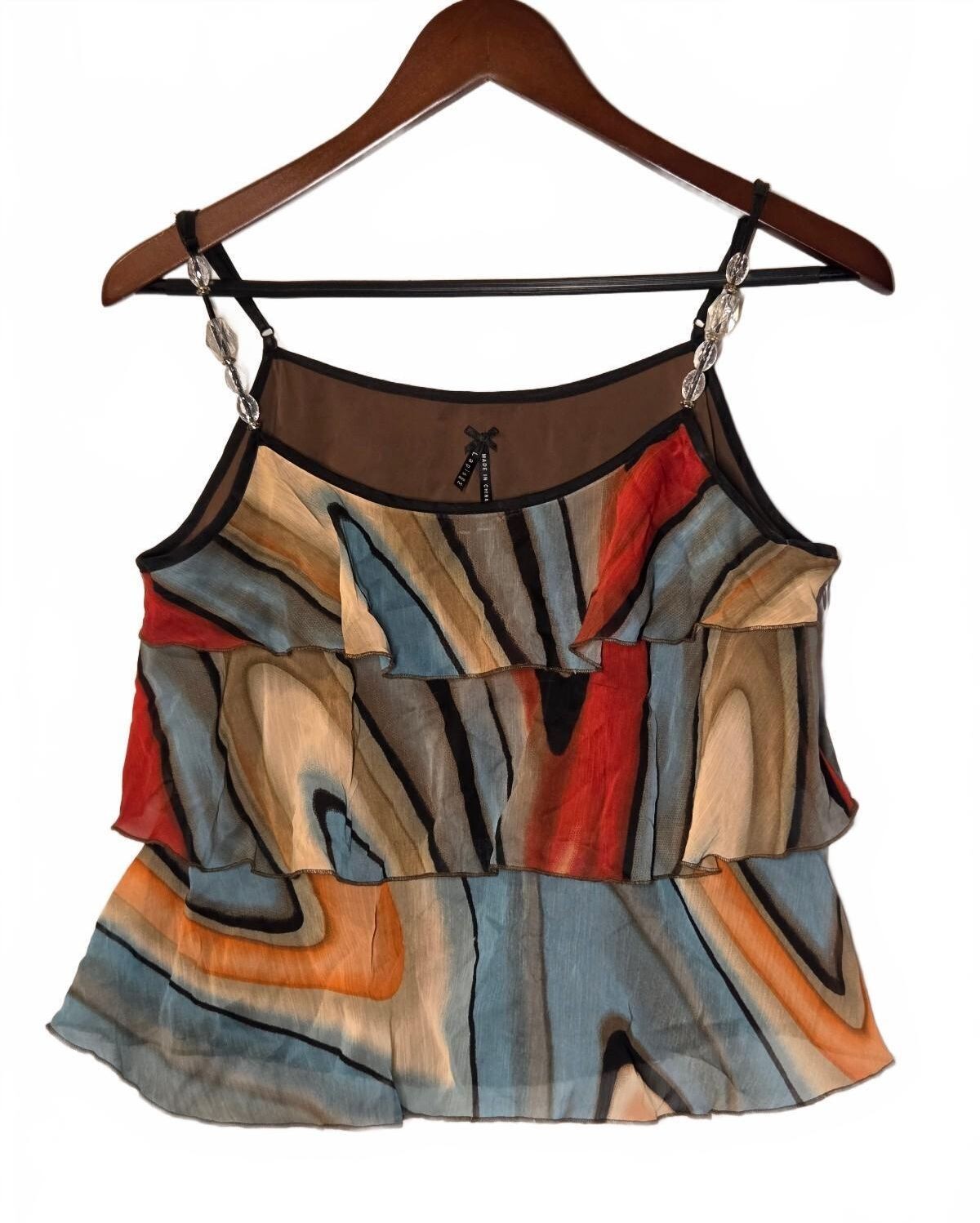 Lapis Vintage Y2K Multi-Color Abstract Ruffle Cami Top Beaded Straps Size Medium