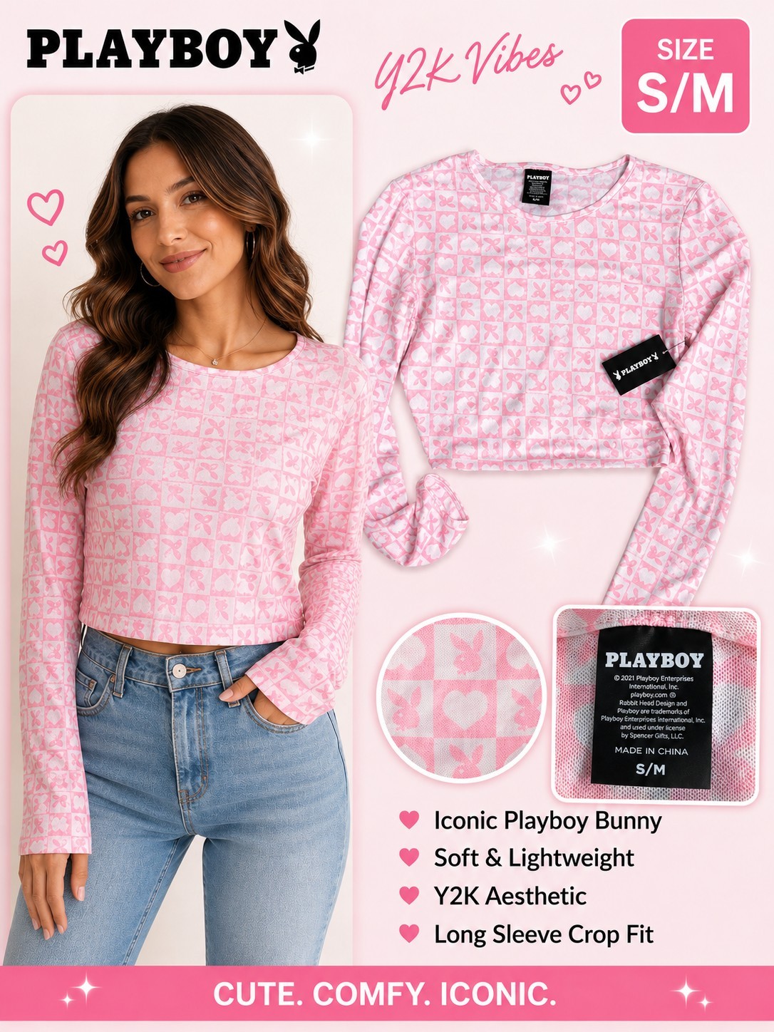 Playboy Women’s Pink/White Mesh Sheer Bunny Hearts Cropped Top Long Sleeve S/M