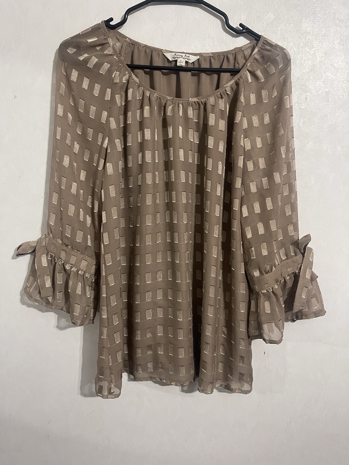 Women Krazy Kat Taupe Beige Metallic Gold Geometric Block Foil Pattern Sz Small