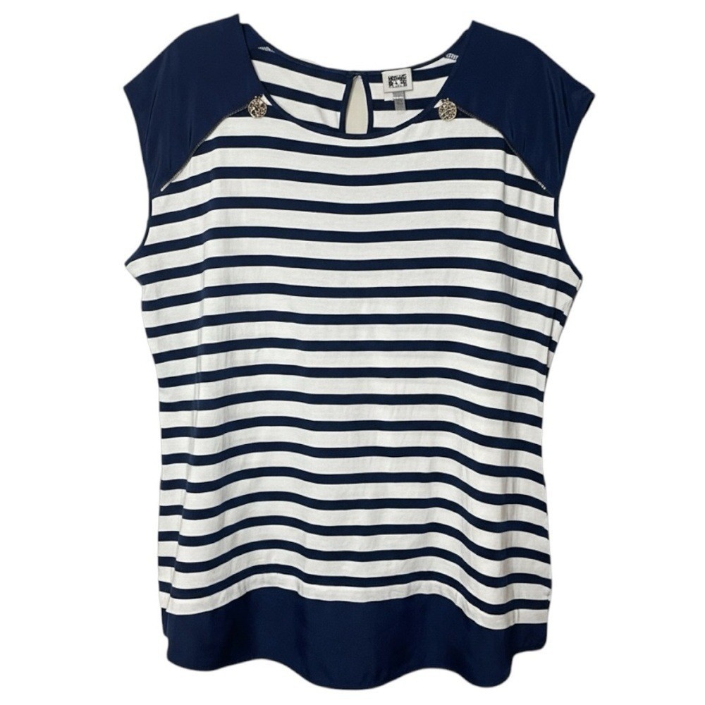 ANNE KLEIN NWOT White & Navy Sailor Striped Cap-Sleeve Top, Gold Logo Zipper, 1X
