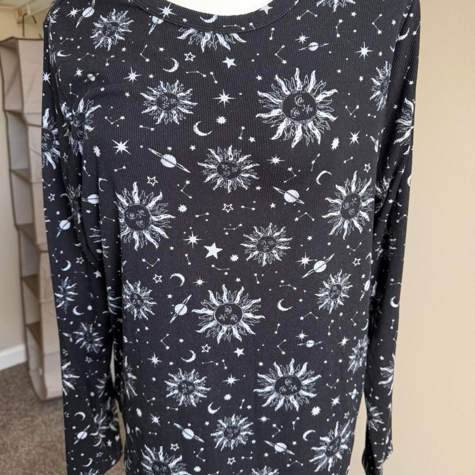 Celestial Sun Moon Stars Long Sleeve Top Black Ribbed Tee Plus Size 2XL