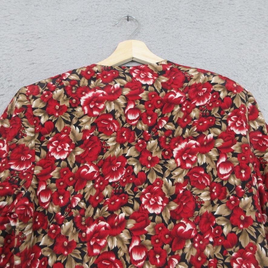 Vtg Leslie Fay Blouse Womens 12 Red Floral Lace Collar Button Front Long Sleeve