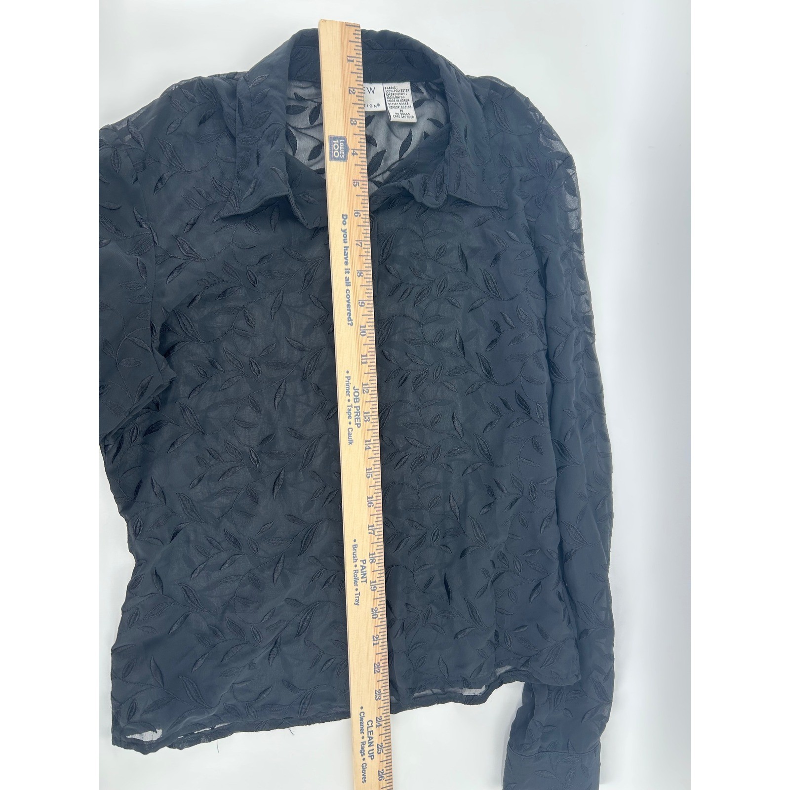 Preview Collection Black Sheer Leaf Embroidered Button Down Blouse Top Womens M