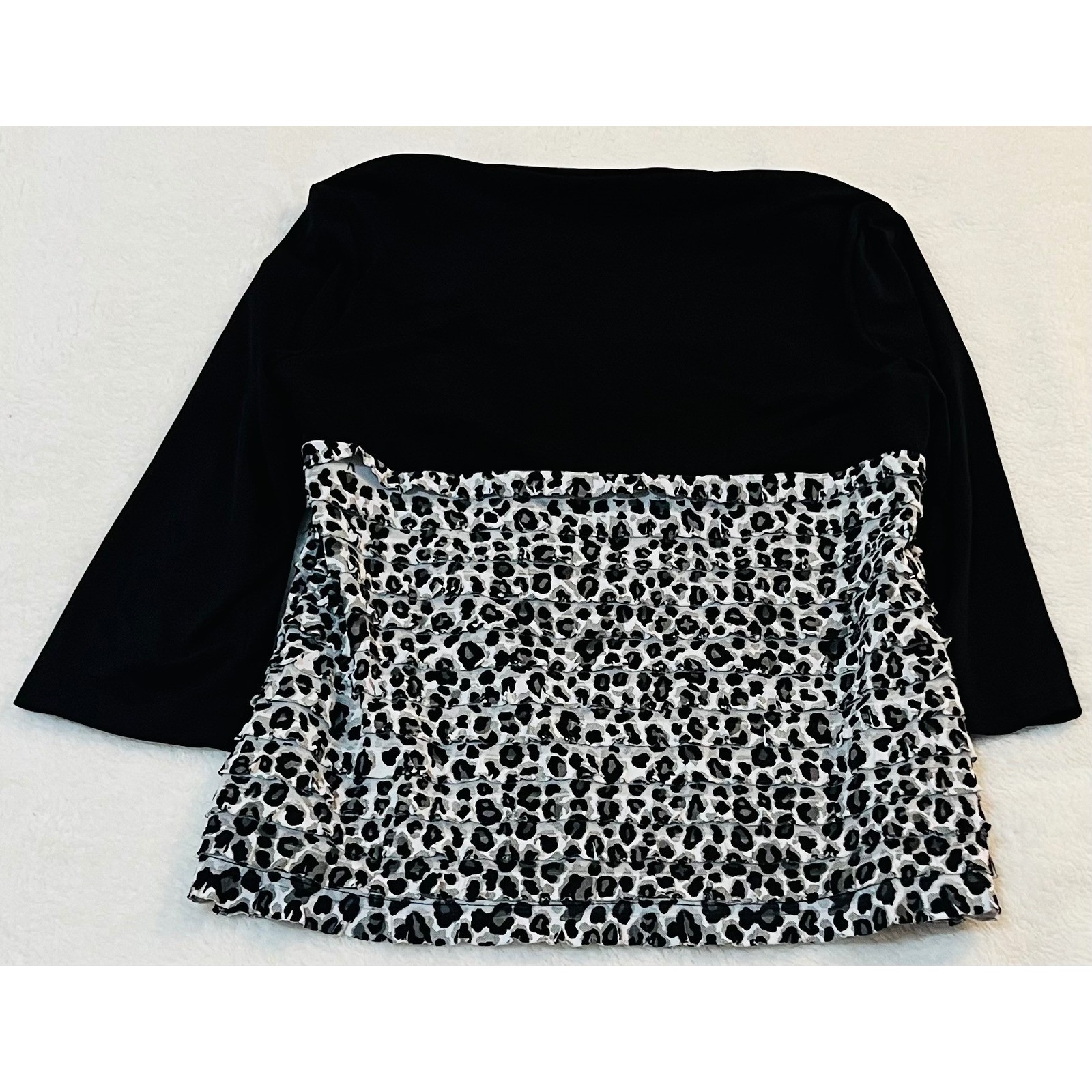 AGB Womens Leopard Print Tiered Ruffle Top Black Shrug Layered Look Size L