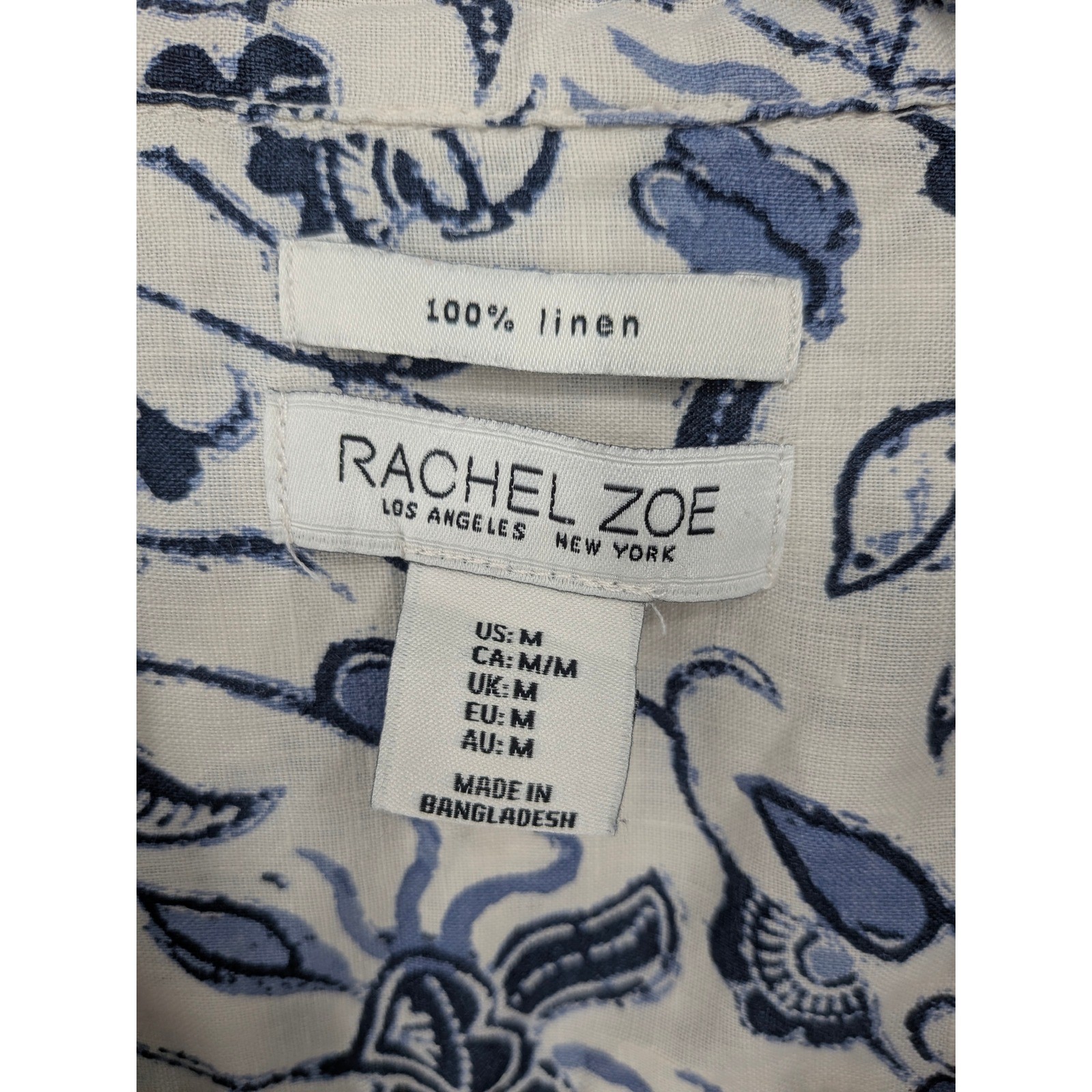 Rachel Zoe Button Down Linen Top Women Medium Blue Floral Long Sleeve Boho Beach