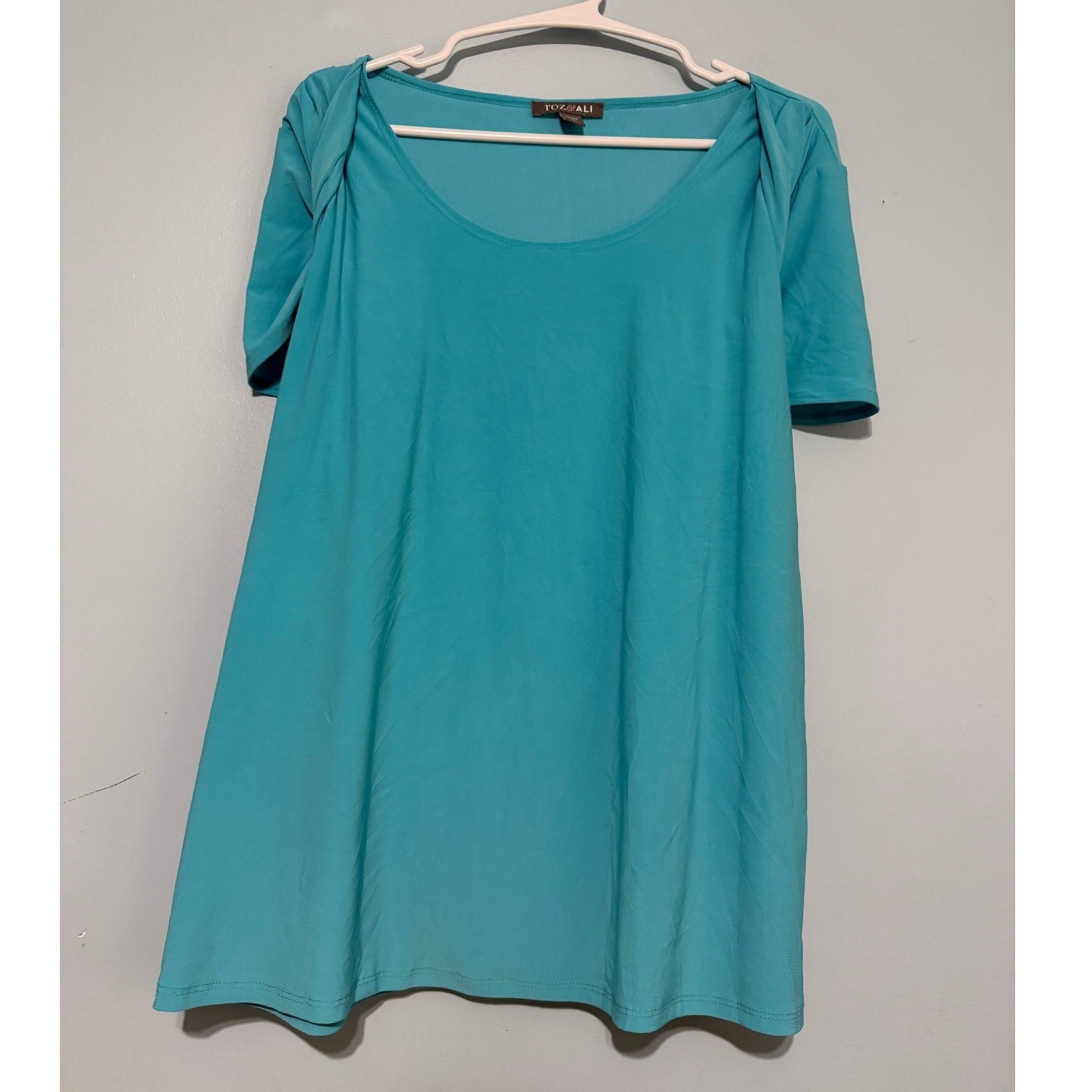 Roz & Ali 2XL Teal Blue Draped Back Tunic Top Short Sleeve Stretch 1551