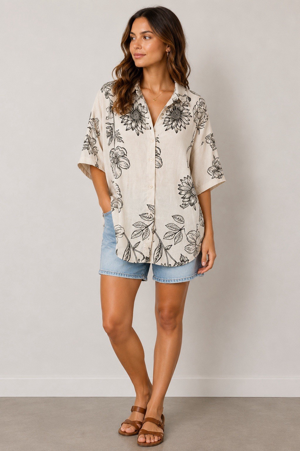 Klesis Floral Print Button Down Short Sleeve Shirt Blouse Black White Boho Large