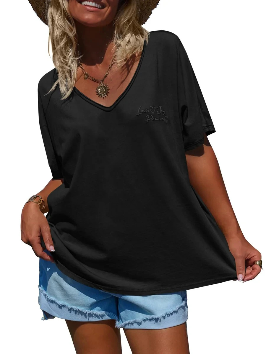 Cicy Bell Womens Oversized Peace Love Joy Tshirts Summer Casual V Neck Short sm.