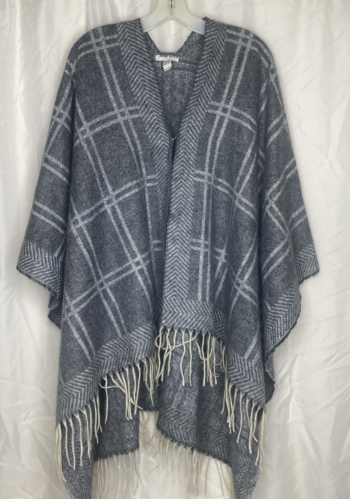 Anne Klein Women Shawl Coat Cape One Size Gray Plaid Polyester Open Outdoor City