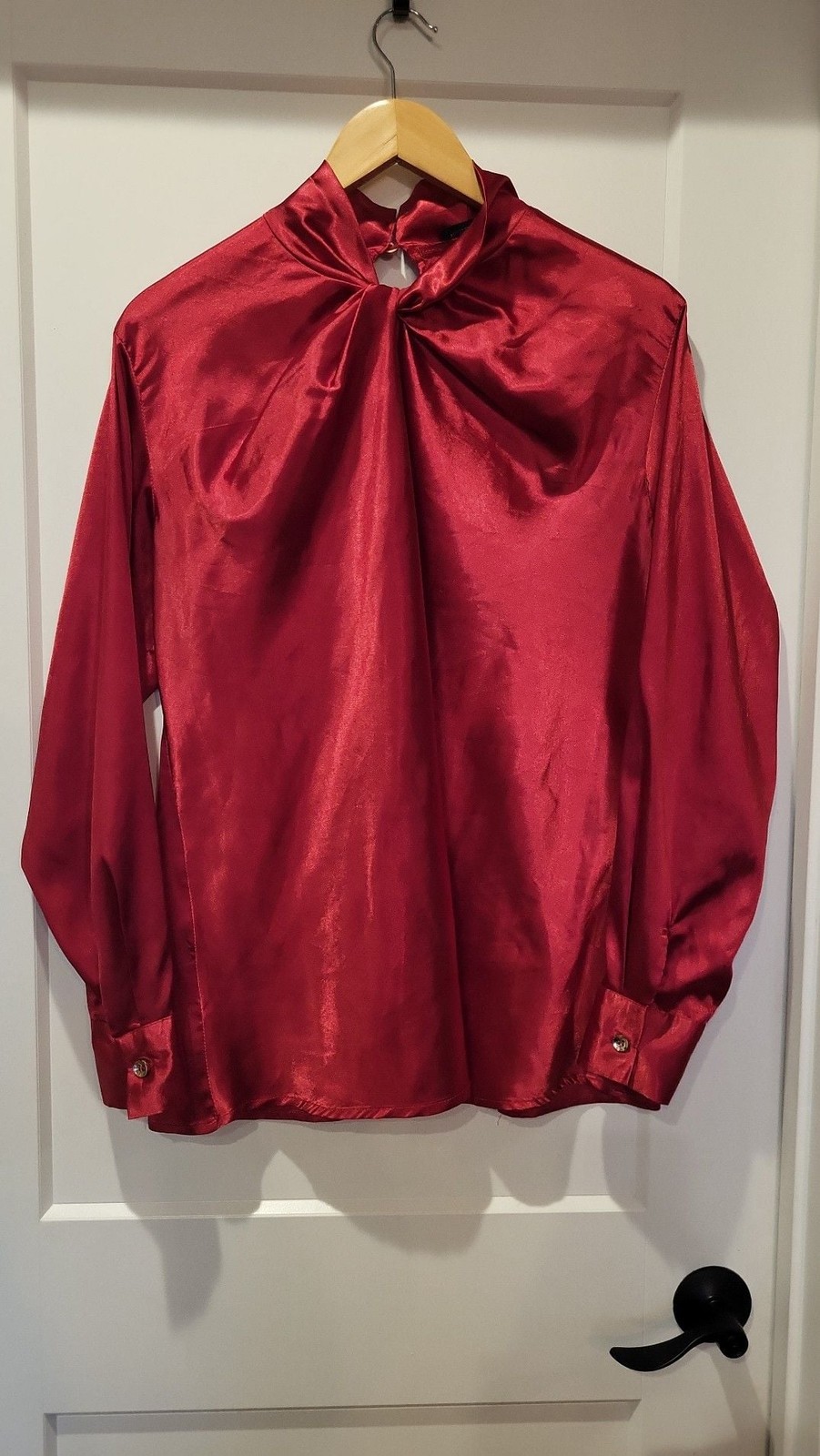 Flowy Celmia Collection Red Satin Mock Tie Neck Long Sleeve Blouse Size XL