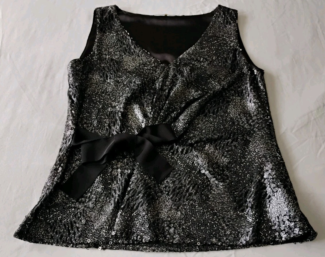Elie Tahari Textured Sequin Blouse Bow V Neck Sleeveless Blend Party Cocktail S