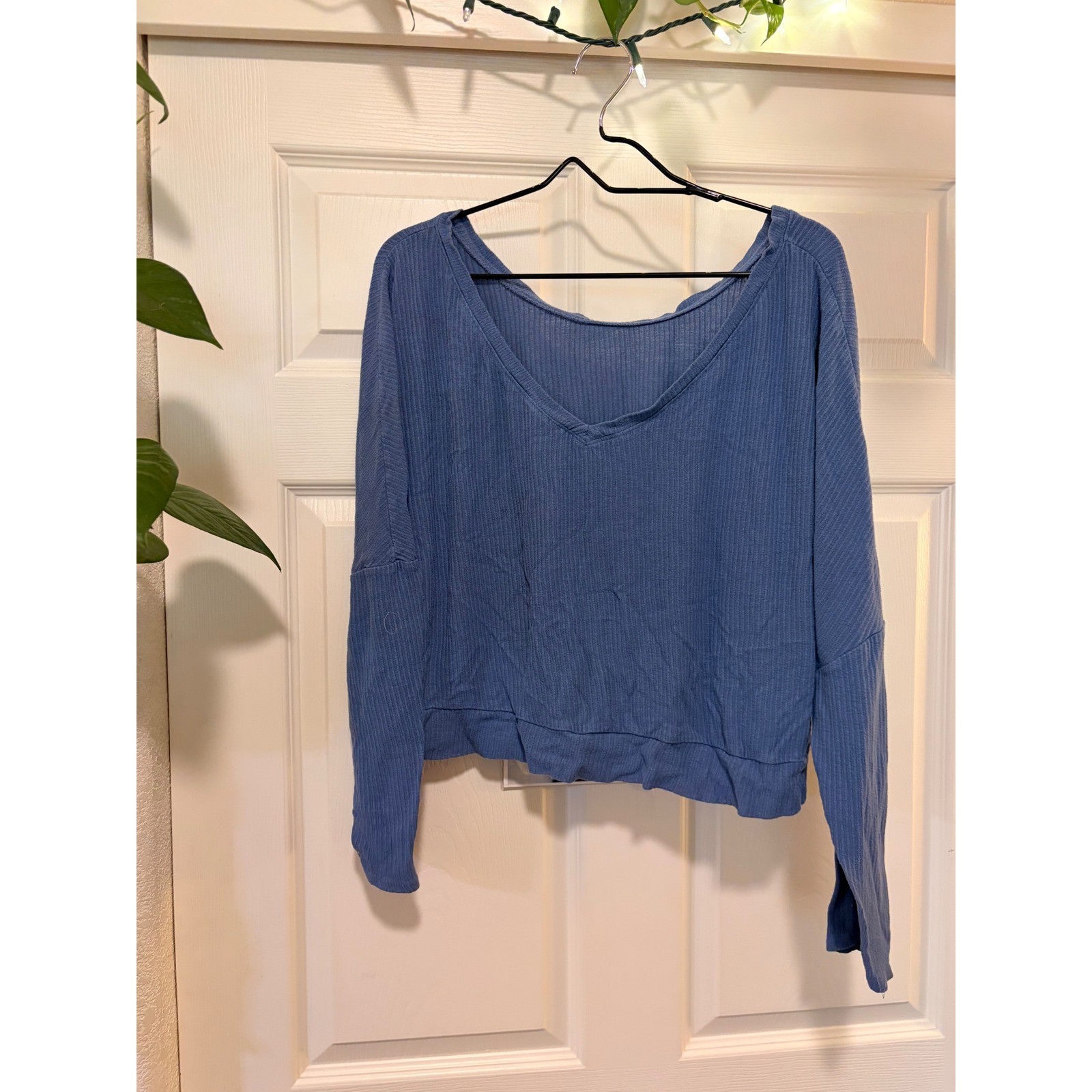 Target Auden Blue Ribbed Knit Long Sleeve V-Neck Lounge Top