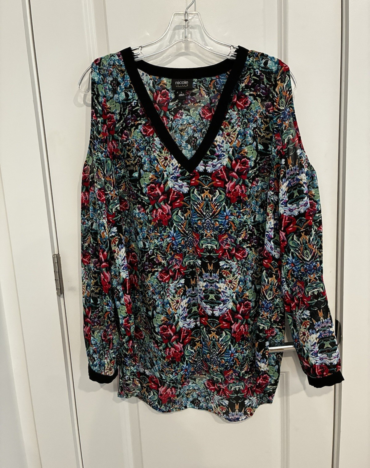 Nicole by Nicole Miller Multicolor Floral V-Neck Long Sleeve Button Blouse L