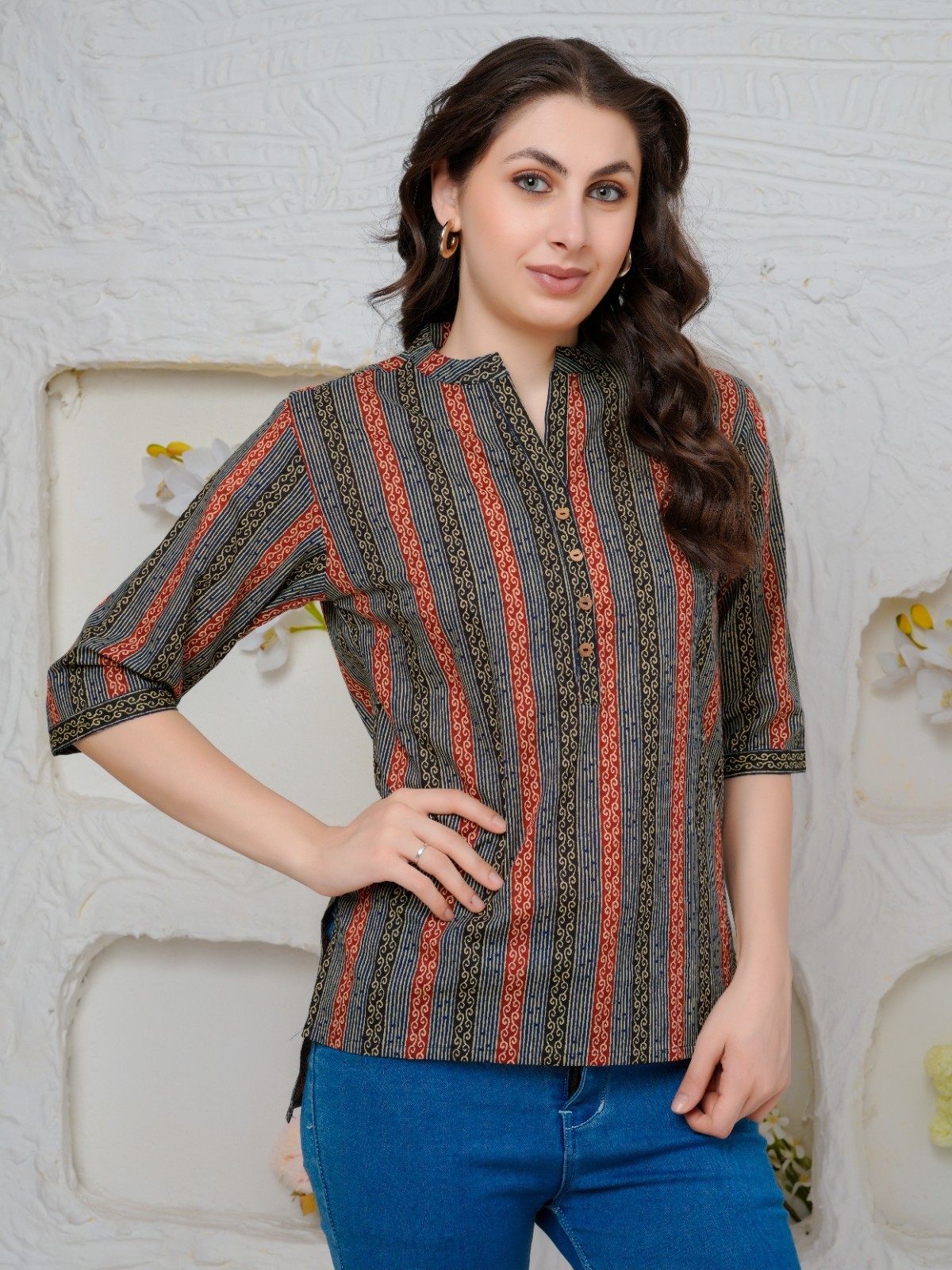 Short Kurtis for Women Pure Cotton Printed Mandarin Collar 3/4 Sleeve Tunic Top