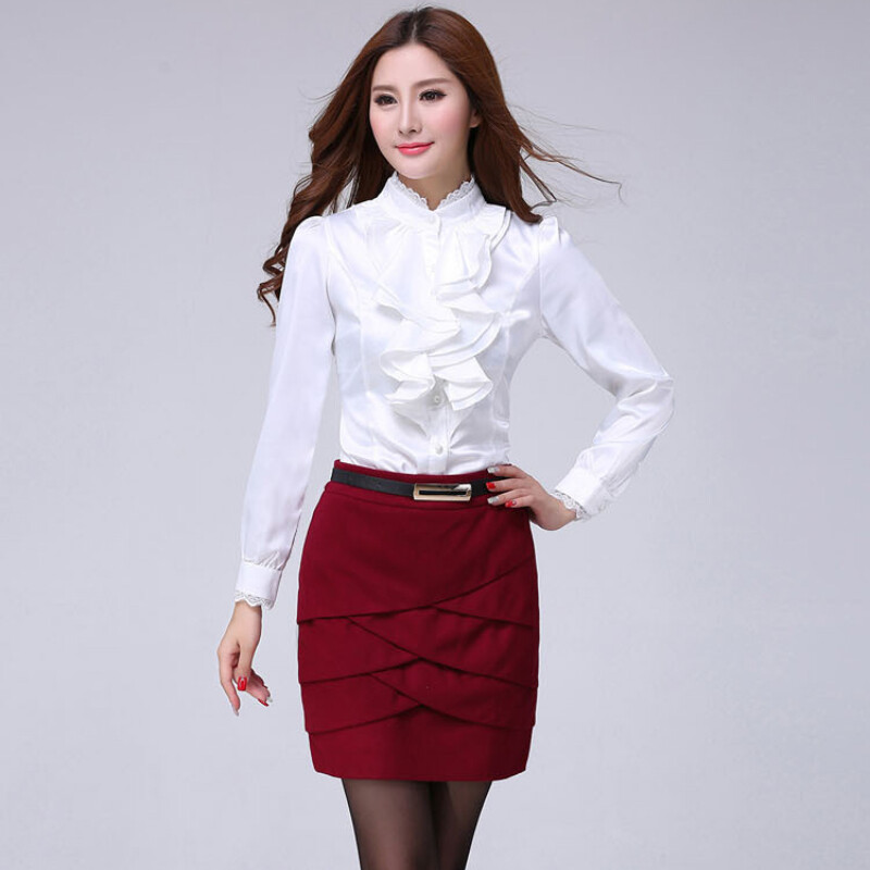 Ladies Ruffled Top Shirt Button Down Blouse Workwear Office Long Sleeve Fashion