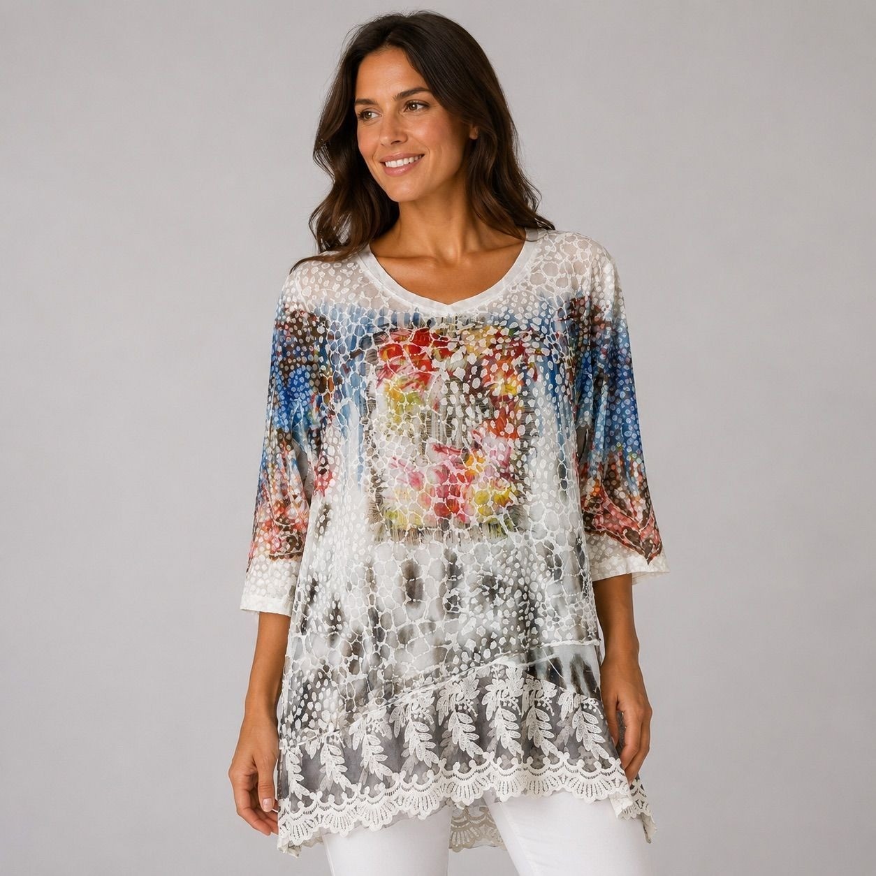 Suzanne’s Women Floral Burnout Tunic V-Neck 3/4 Sleeve Lace Trim Asymmetric Top