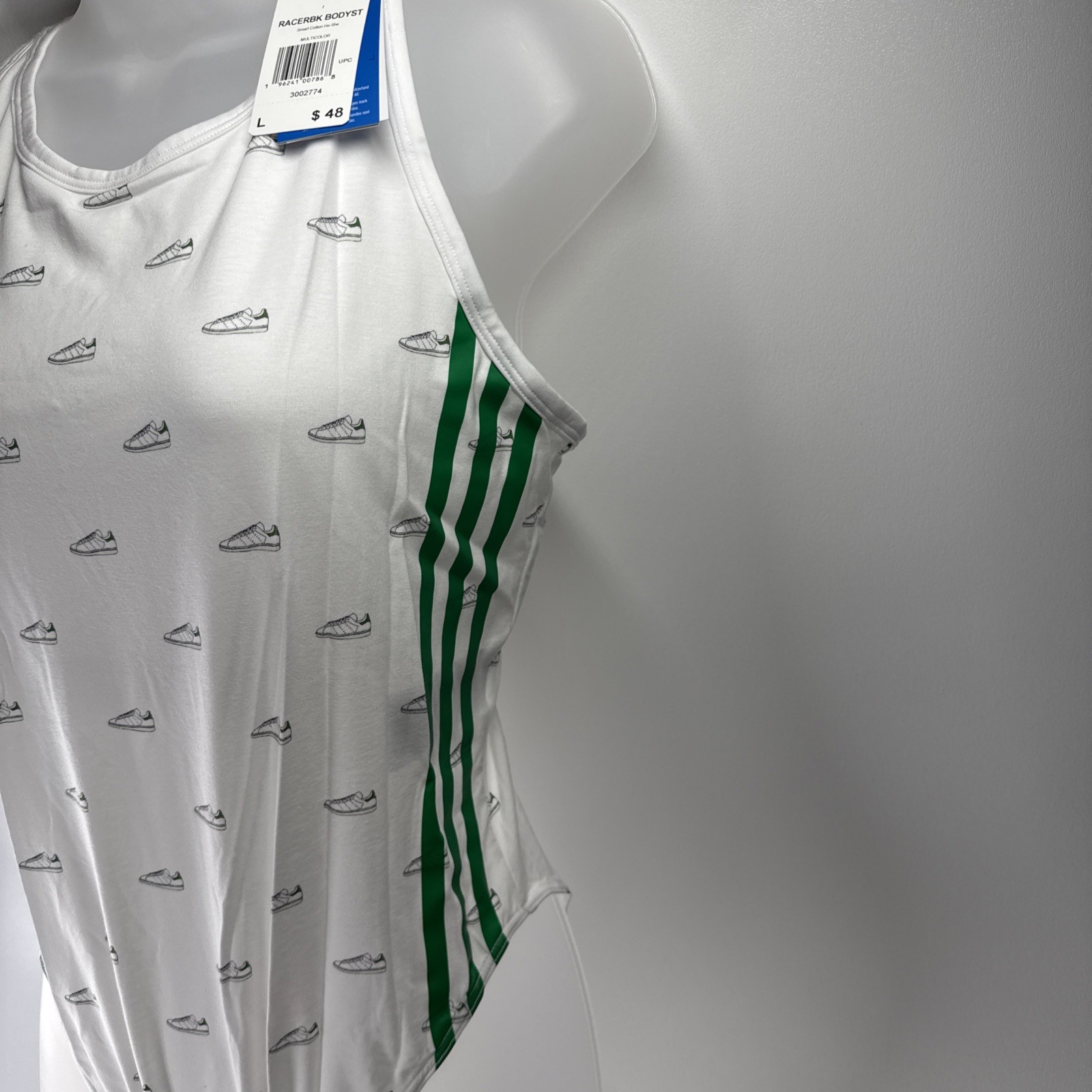 Size Women’s LARGE – adidas Racer Back Bodysuit White Green Multi – NEW WITH TAG