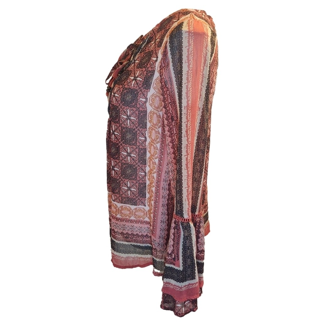 Knox Rose Ethnic Patterned Tunic in Coral Browns Gray Sz: S Oversized Flowy Boho