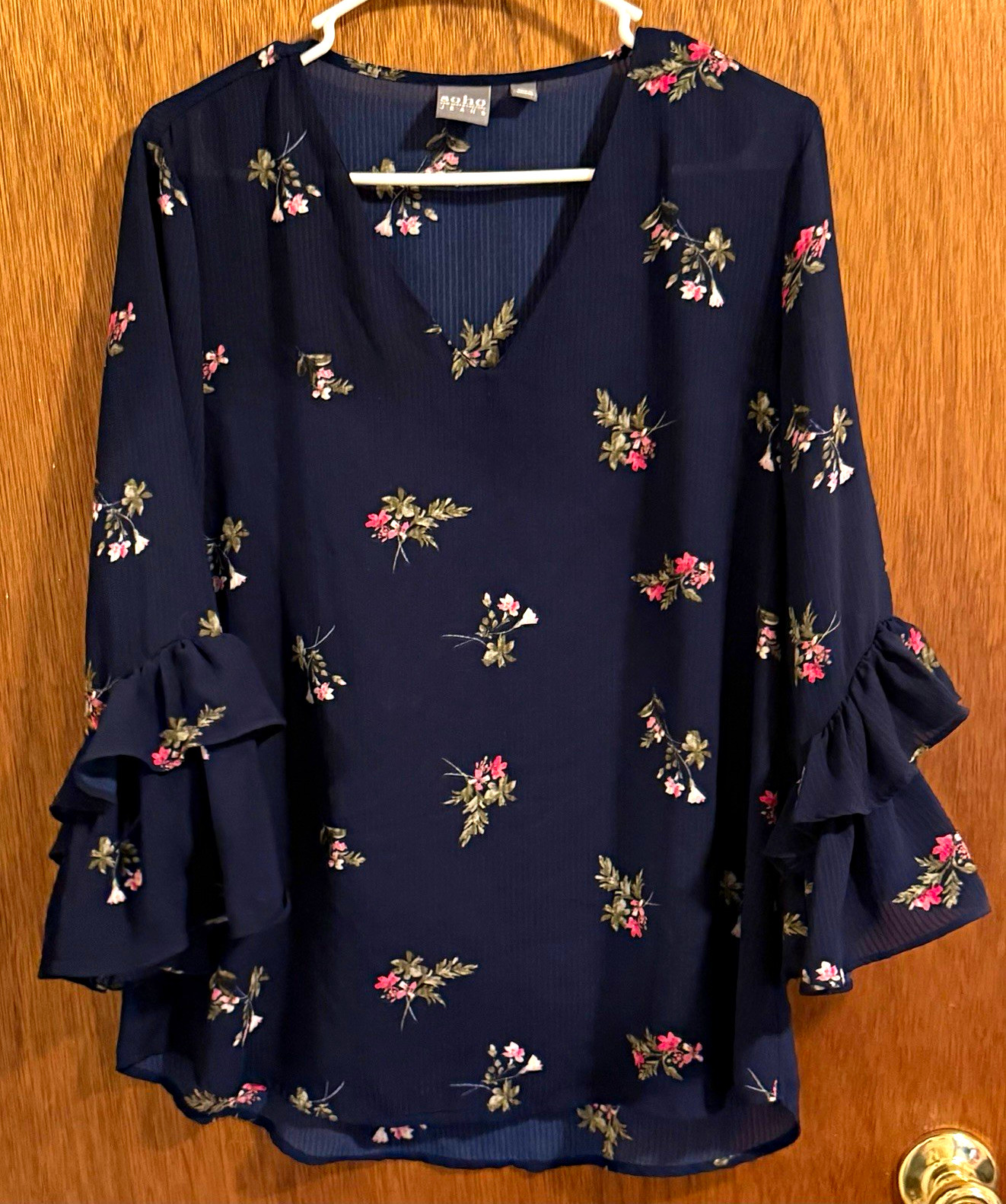Soho New York & Company Jeans Women’s Blue Floral Chiffon Ruffle Blouse L