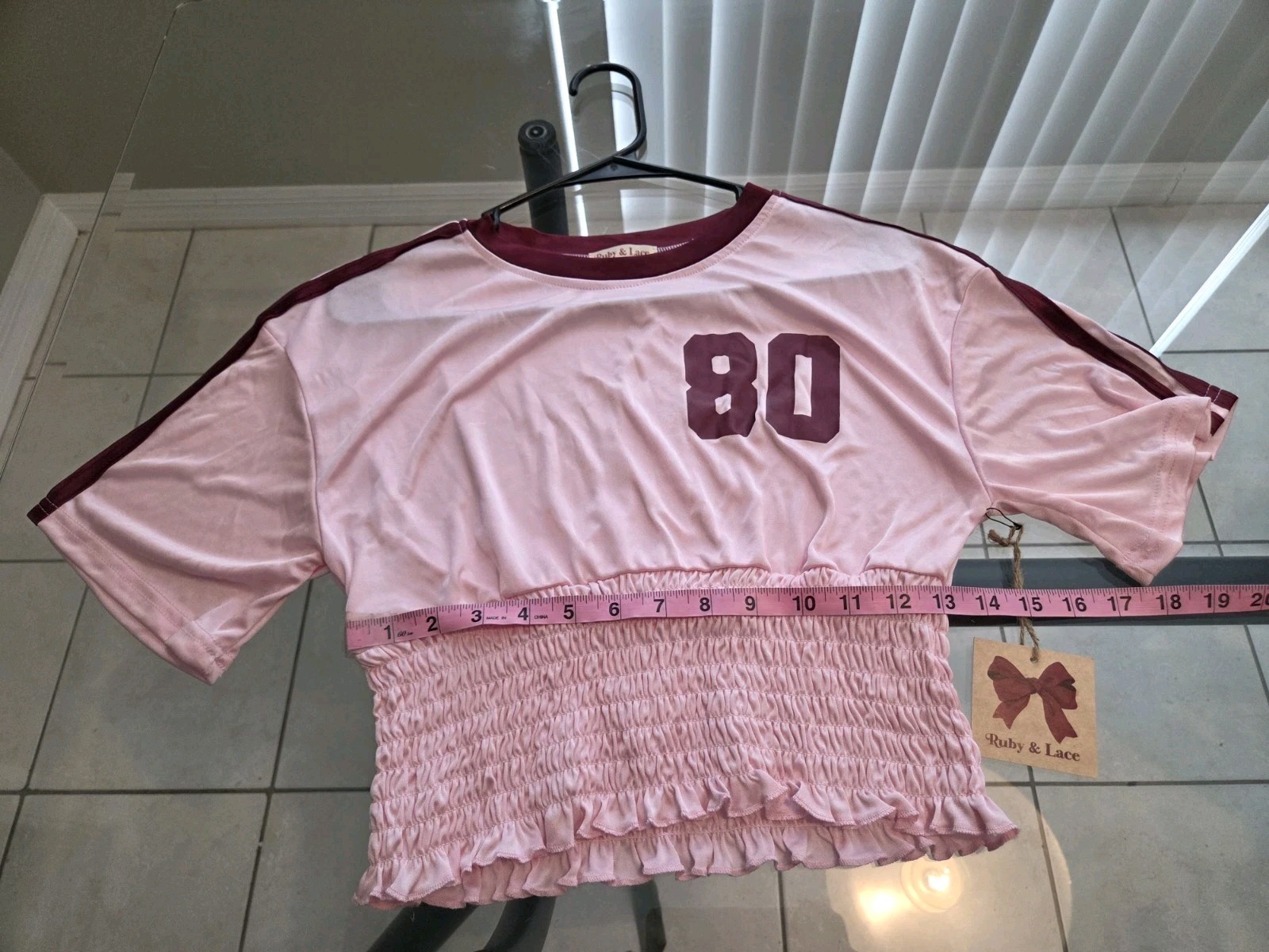 Ruby & Lace Smocked Varsity Crop Top Jersey Tee Size S NWT