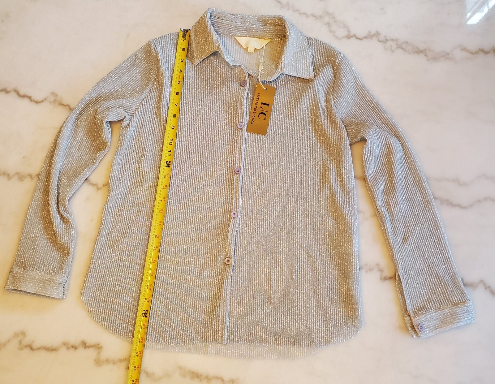 Sparkle Gray Stripe Women’s Button Top Dress Blouse shirt Pleated Size M C16