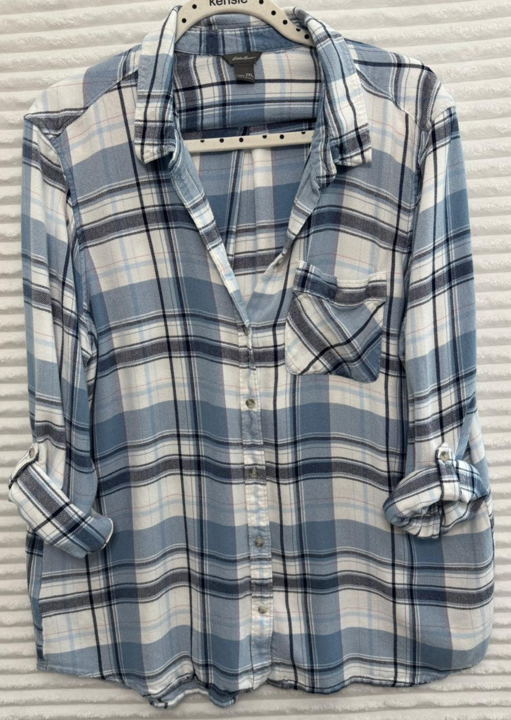 Eddie Bauer Women 2XL Blue Plaid Rayon Button Down Roll Tab Sleeve Shirt