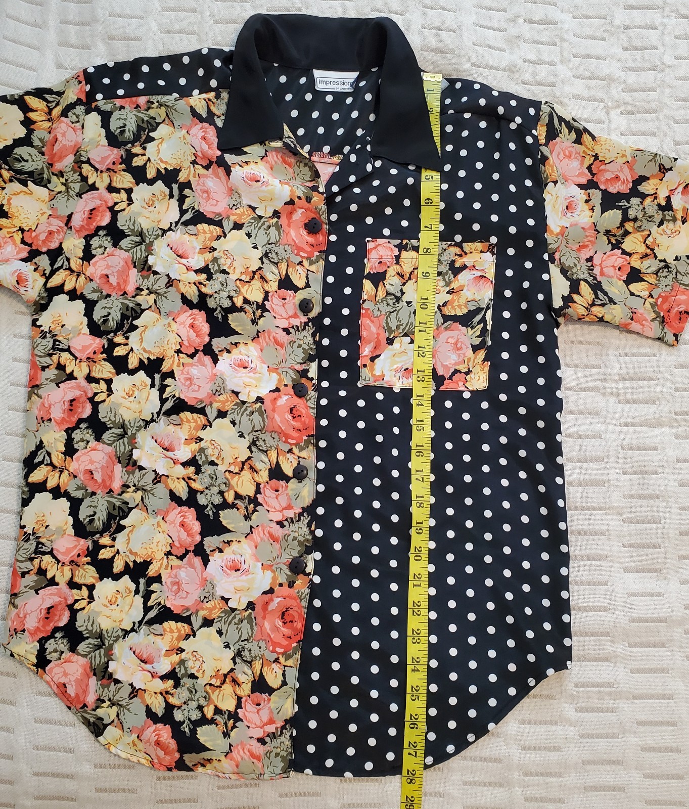Vintage 80s 90s Impressions of California Patchwork Floral Polka Dot Blouse
