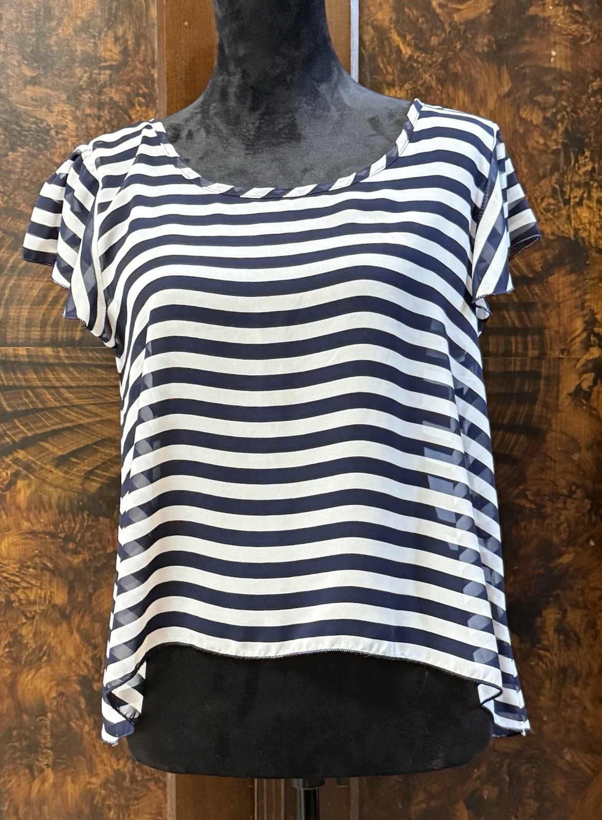 SWEET CLAIRE Top Women Sz L Blue/White Stripe Polka Dot Sheer Polyester Blouse