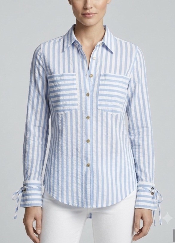 Michael Kors Blue & White Striped Gold Style Long Sleeve Button Up Women’s S