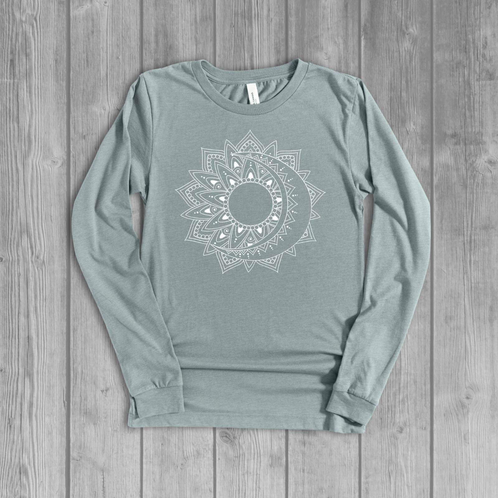 Long Sleeve Sun and Moon Mandala T-Shirt for Women, Celestial Graphic Tees