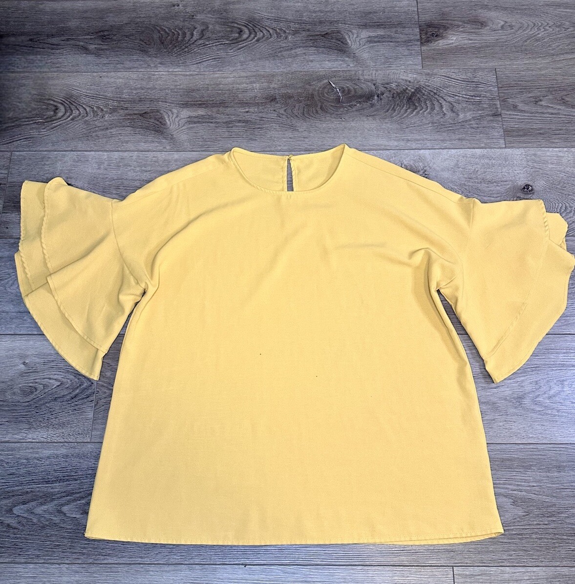 Luvamia Yellow Crewneck Blouse Bell Sleeve Ruffles Womens Shirt Size XL