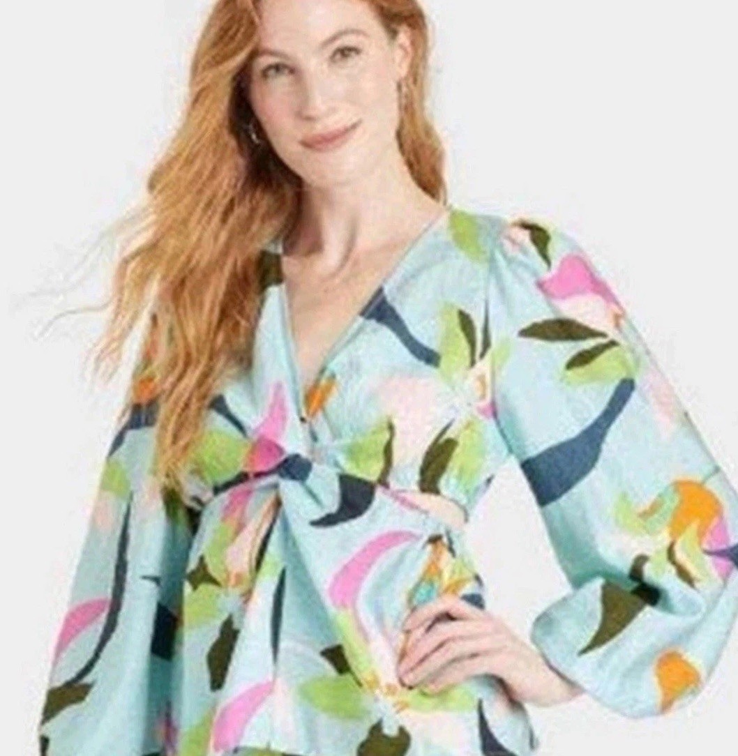 A New Day Women’s Mint Blue Floral Retro Mod Cut Out Blouse XS NWT