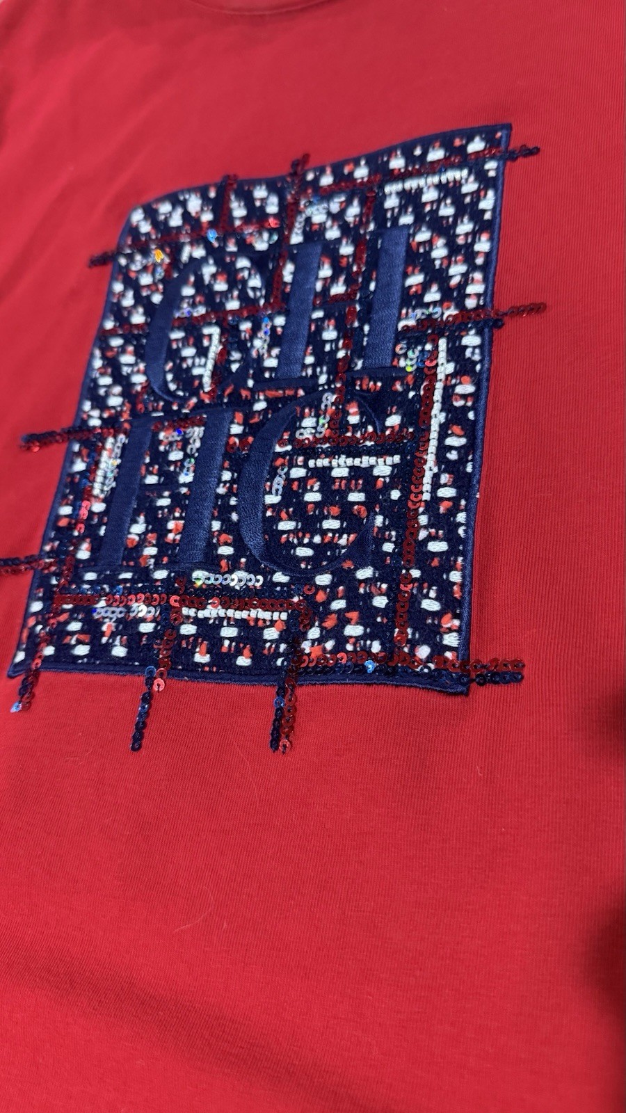 Carolina Herrera Bold Red 100% cotton T shirt. Blue and Red sequins w white bead