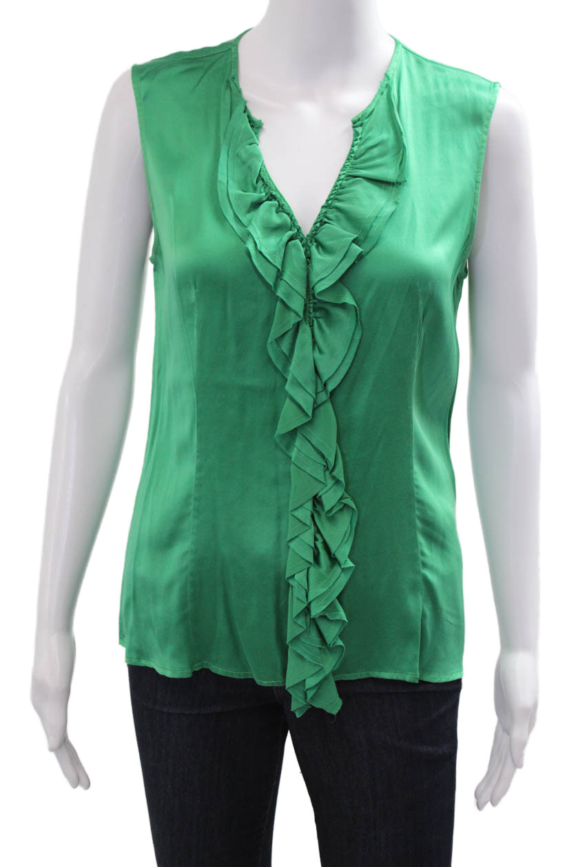 Her Shirt Women Designer Silk V-Neck Sleeveless Green Blouse Size M