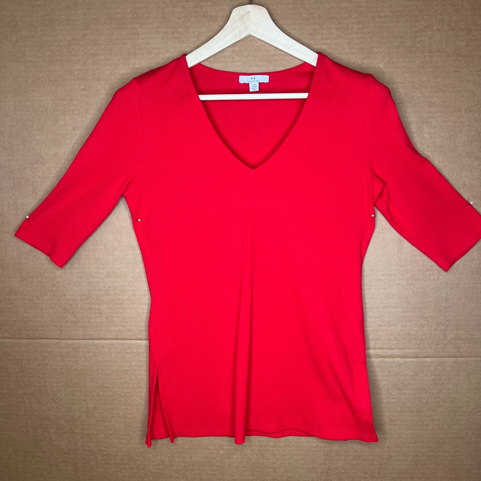 Halston Ribbed Heavyweight T-Shirt Medium Tomato Red Cotton Blend Designer Top