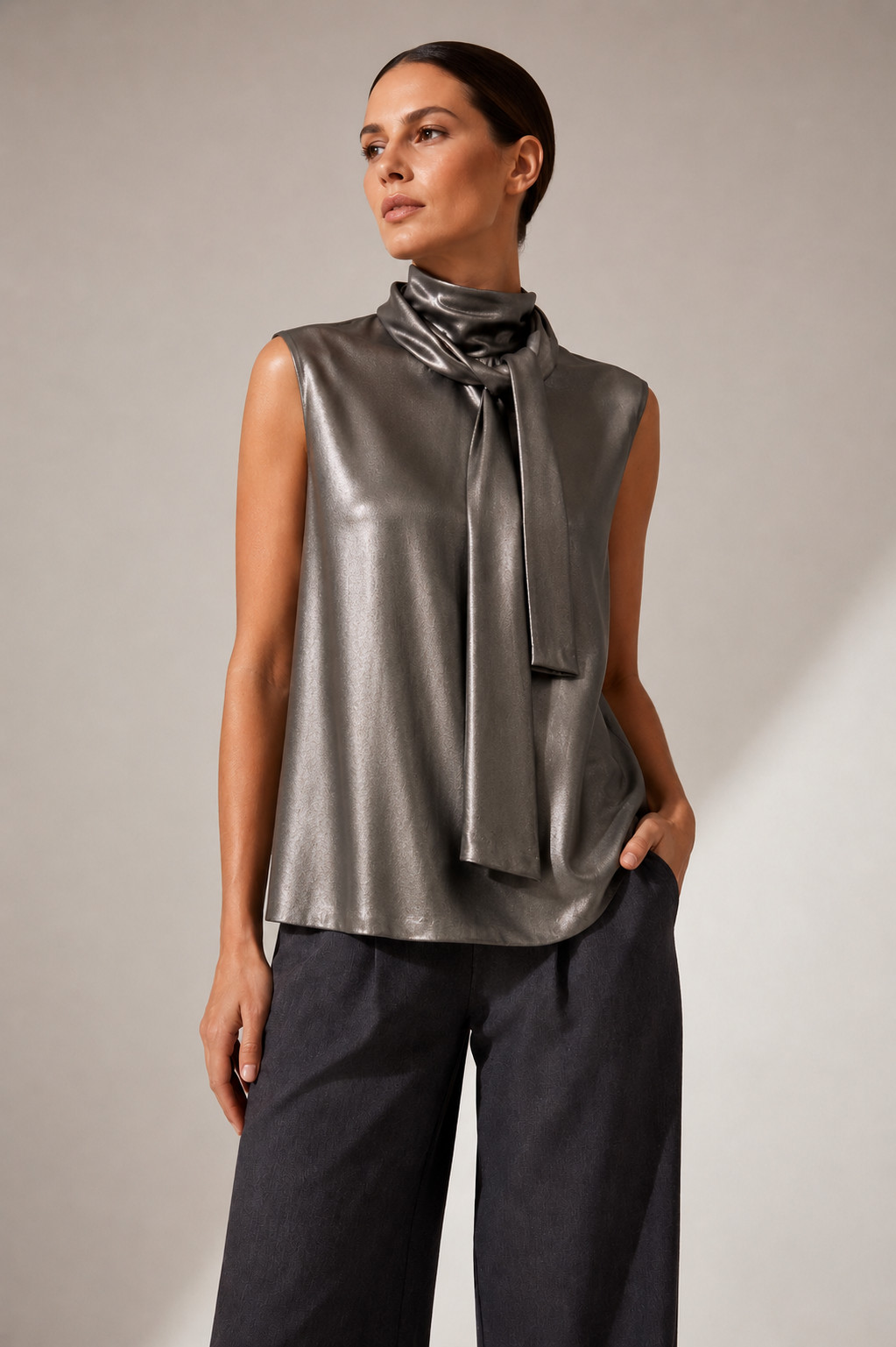 NWT Chiara Boni Designer Blouse 10 Metallic Silver Dressy Luxury Party MSRP $598