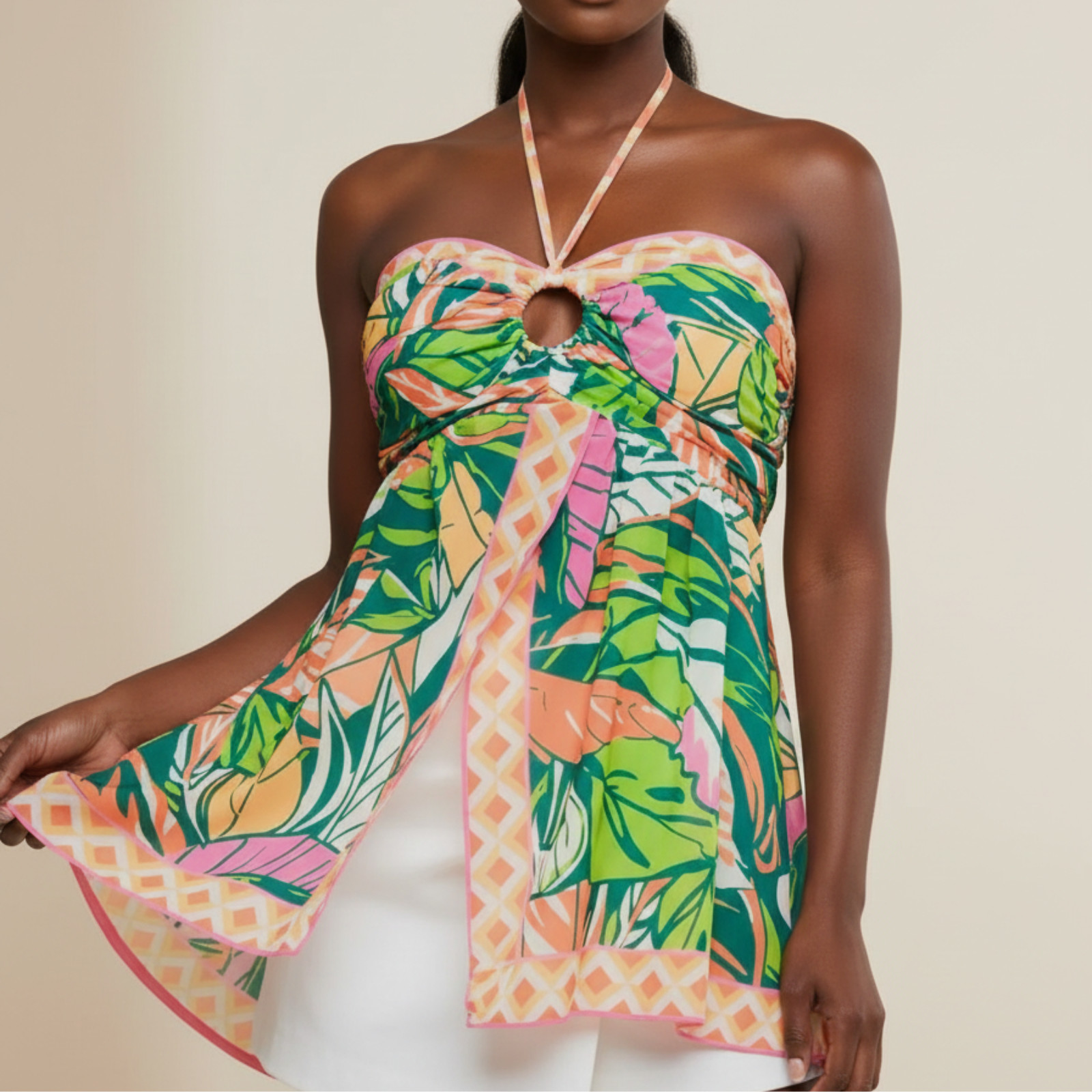 NWT Flying Tomato Tropical Halter Top Smocked Back O-Ring Front