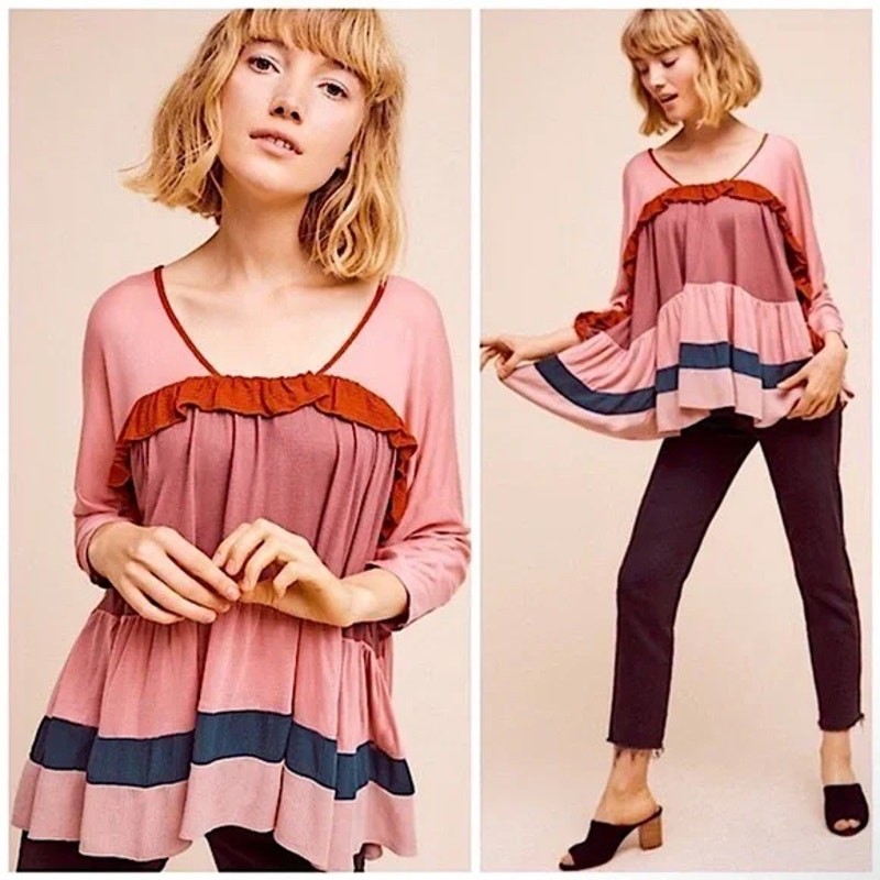 ANTHROPOLOGIE MEADOW RUE sz S Mina Pink color block tiered top EUC