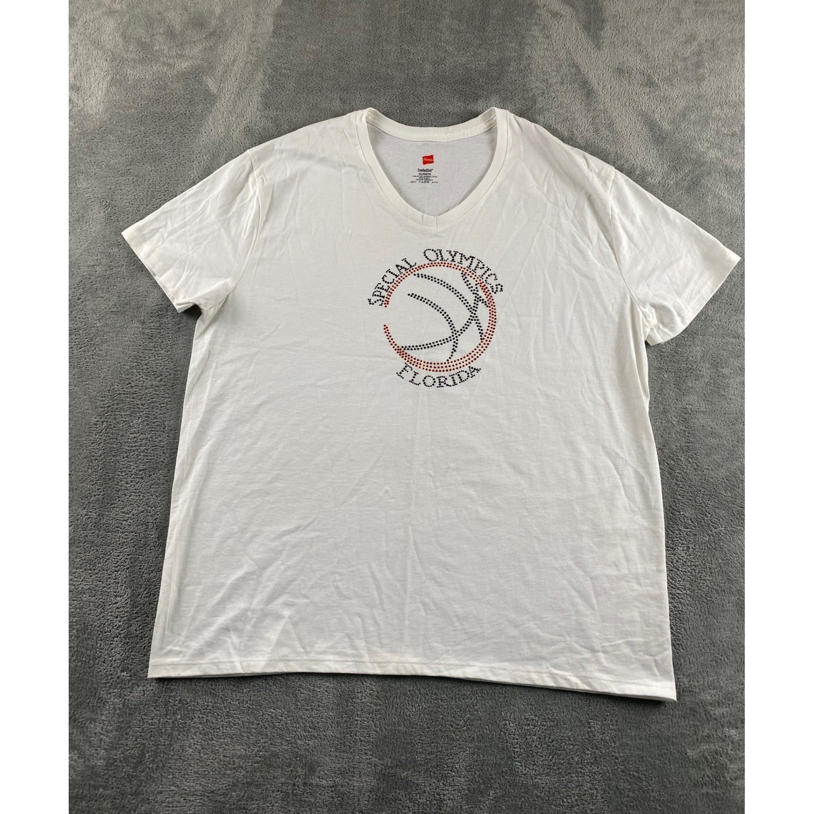 Hanes Special Olympics Florida Rhinestone Basketball V-Neck T-Shirt White XL