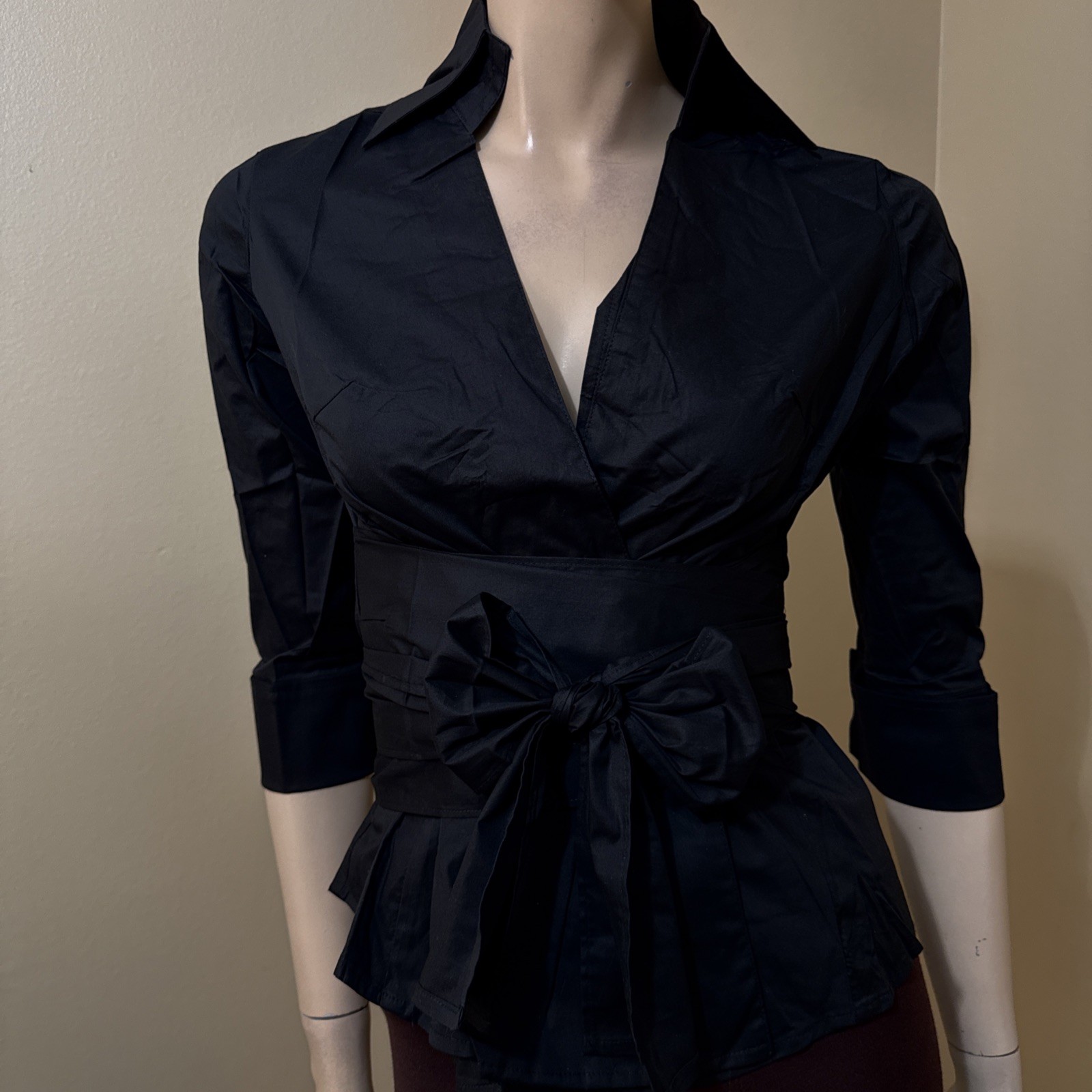 Women’s Black Cotton Casual Office Slim Button Belt Collared Size S Top Blouse