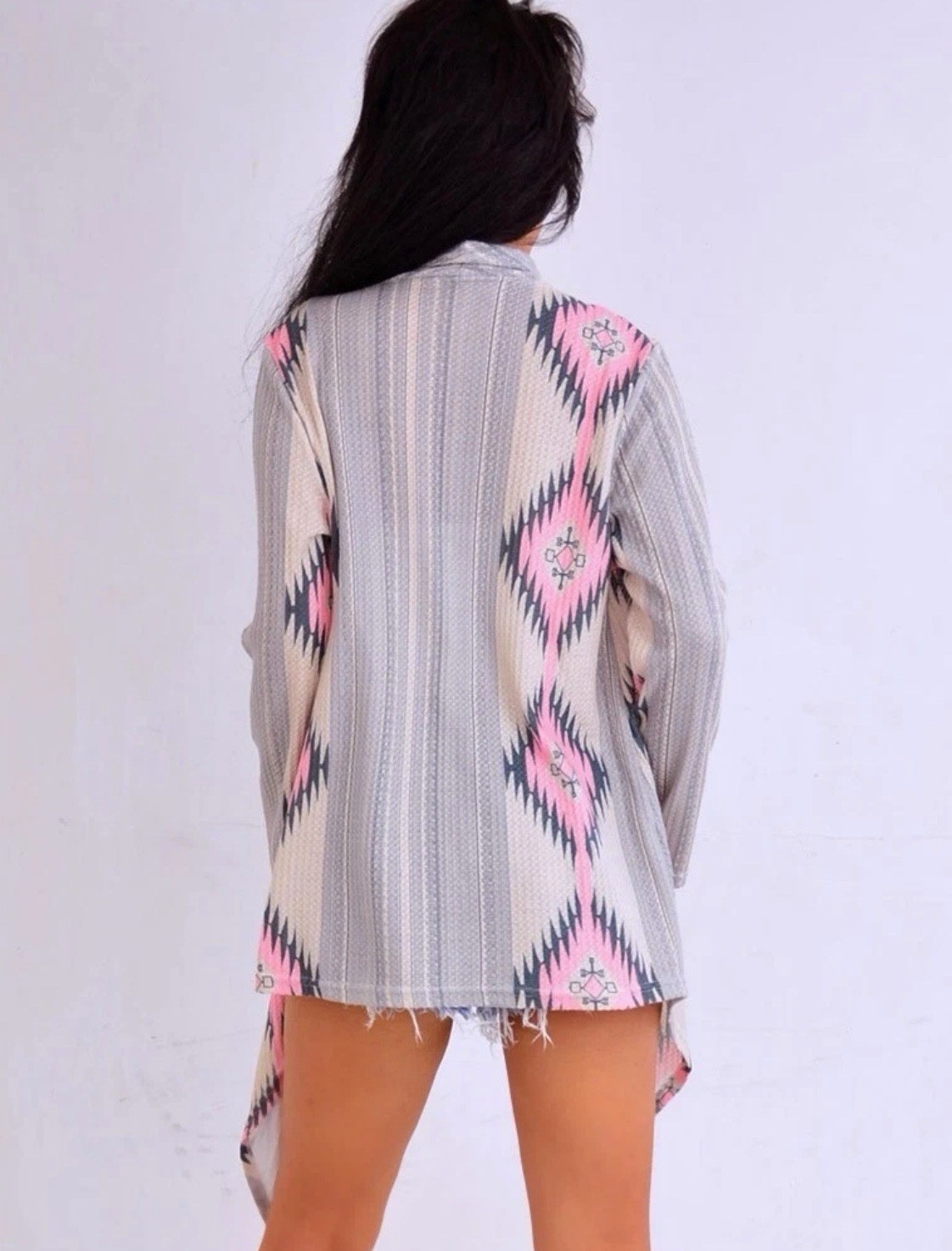 Gray Pink Aztec Cascading Long Sleeve Knit Cardigan Shirt Top L Large