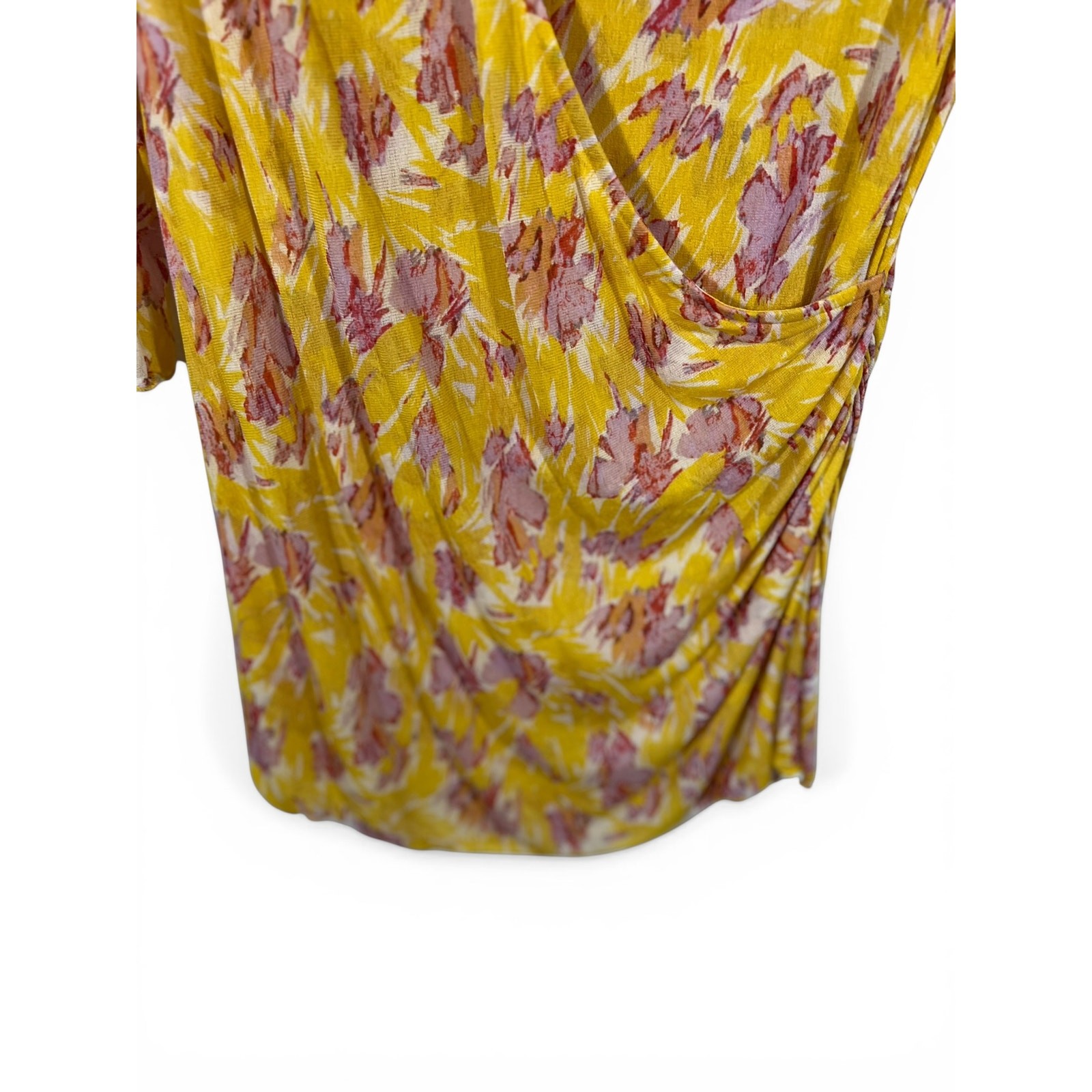 DVF Silk Faux Wrap Floral Blouse M Yellow Ruched Romantic V Neck